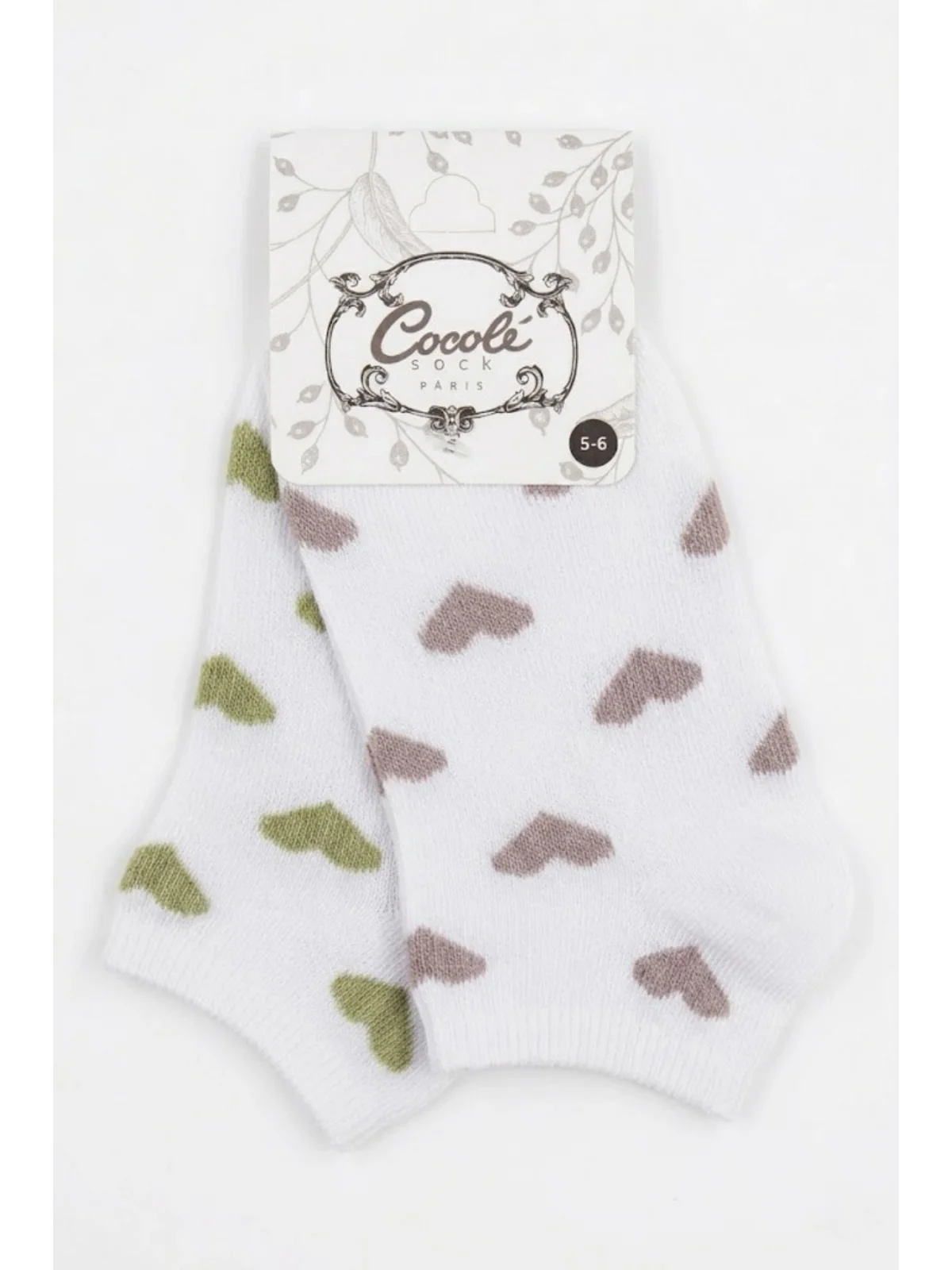 Cocole Socks Kız Bebek Patik Çorabı 2’li Set Pamuklu Beyaz Zemin Üzeri Yeşil & Mürdüm Kalp Desenli