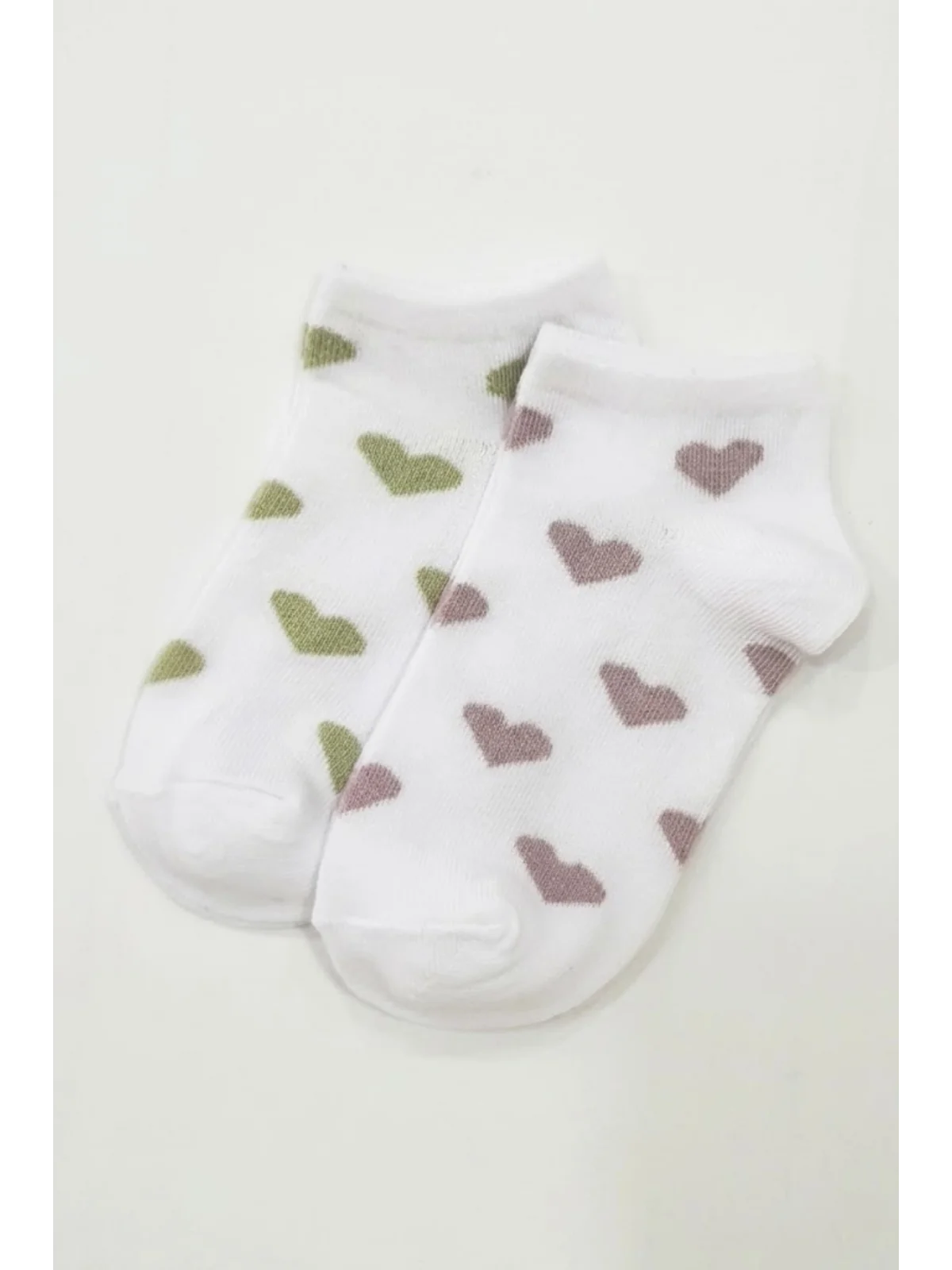 Cocole Socks Kız Bebek Patik Çorabı 2’li Set Pamuklu Beyaz Zemin Üzeri Yeşil & Mürdüm Kalp Desenli