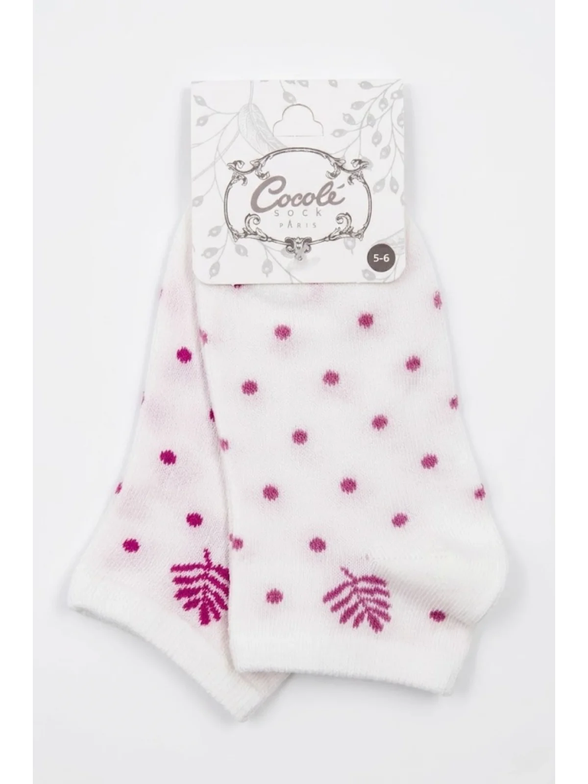 Cocole Socks Kız Bebek Patik Çorabı 2’li Set Pamuklu Ekru Zemin Üzeri Fuşya Puantiye & Yaprak Desenli