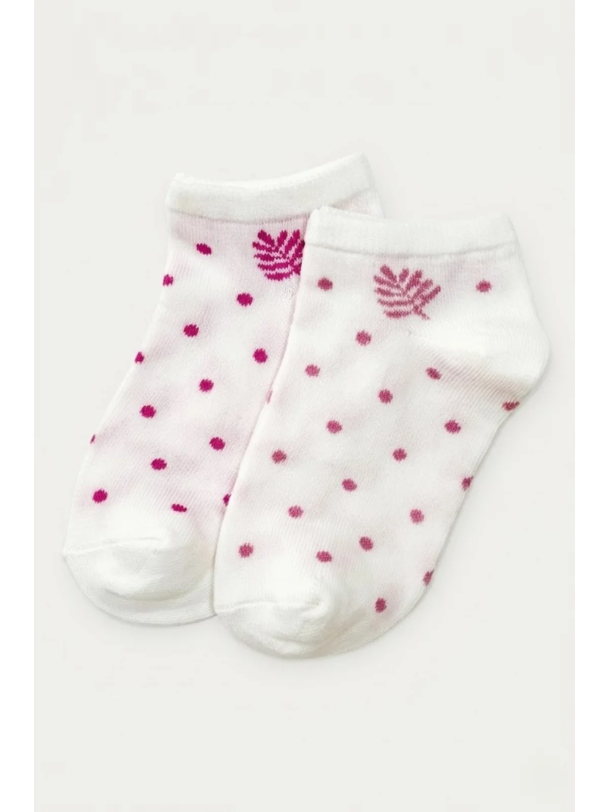 Cocole Socks Kız Bebek Patik Çorabı 2’li Set Pamuklu Ekru Zemin Üzeri Fuşya Puantiye & Yaprak Desenli