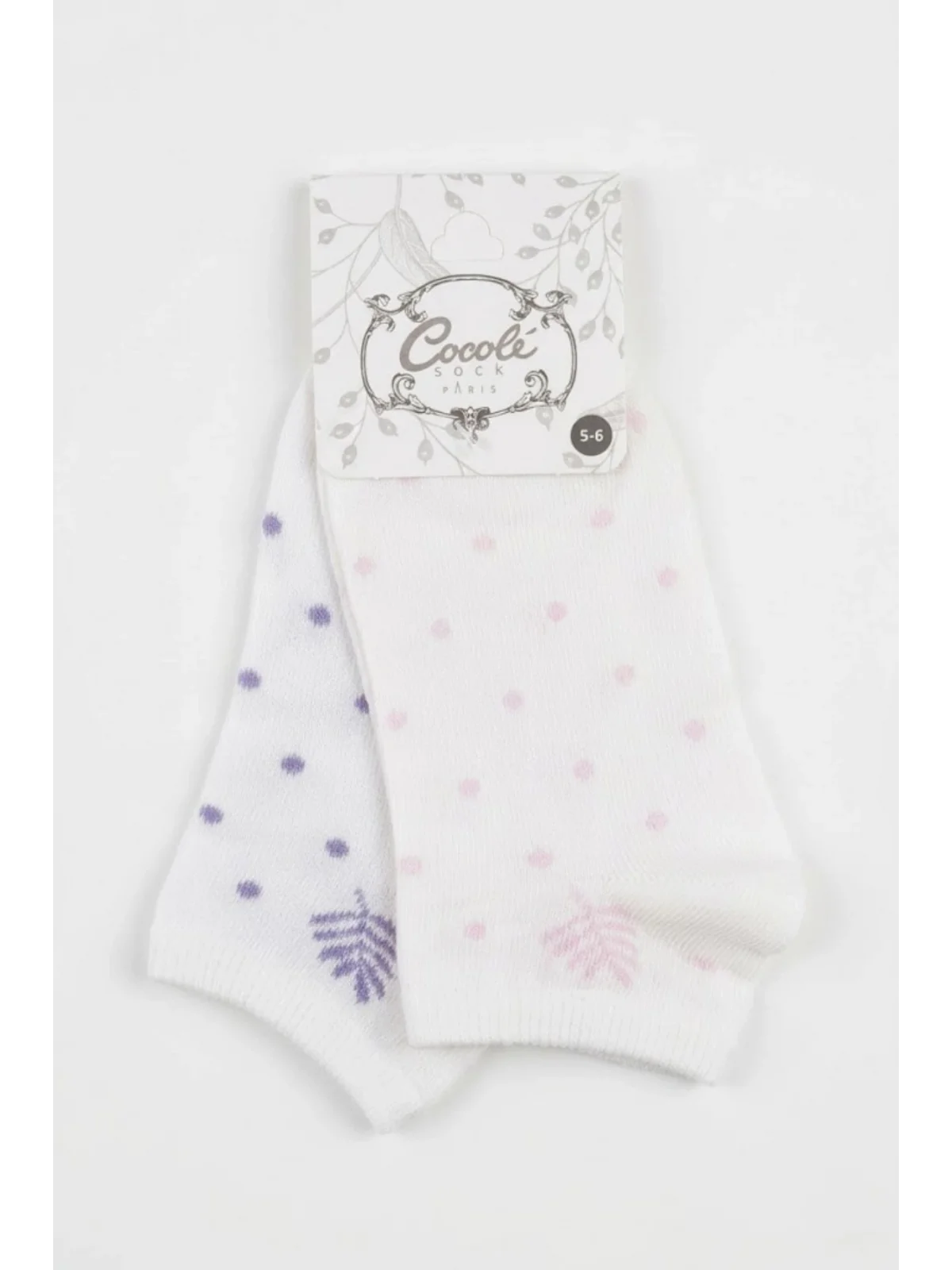 Cocole Socks Kız Bebek Patik Çorabı 2’li Set Pamuklu Beyaz Zemin Üzeri Lila & Pudra Pembe Puantiye Yaprak Desenli