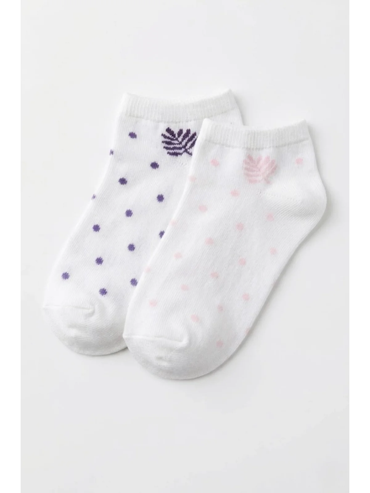 Cocole Socks Kız Bebek Patik Çorabı 2’li Set Pamuklu Beyaz Zemin Üzeri Lila & Pudra Pembe Puantiye Yaprak Desenli
