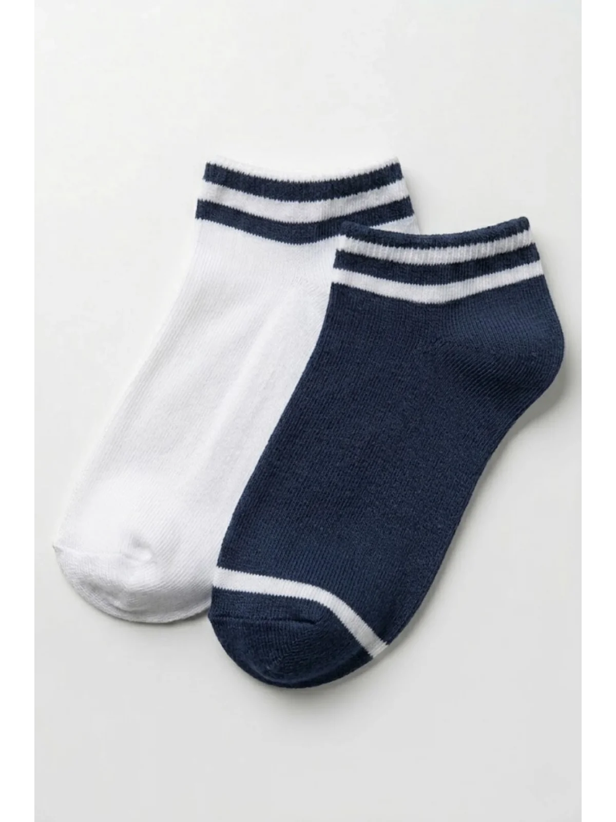 Cocole Socks Erkek Çocuk Patik Çorabı 2’li Set Pamuklu Beyaz & Lacivert Çizgi Detaylı