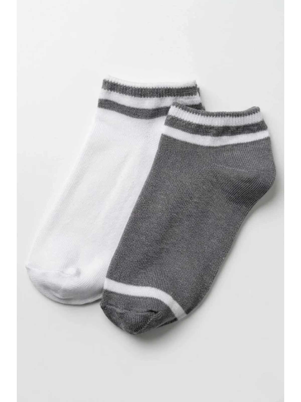 Cocole Socks Erkek Çocuk Patik Çorabı 2’li Set Pamuklu Beyaz & Gri Çizgi Detaylı