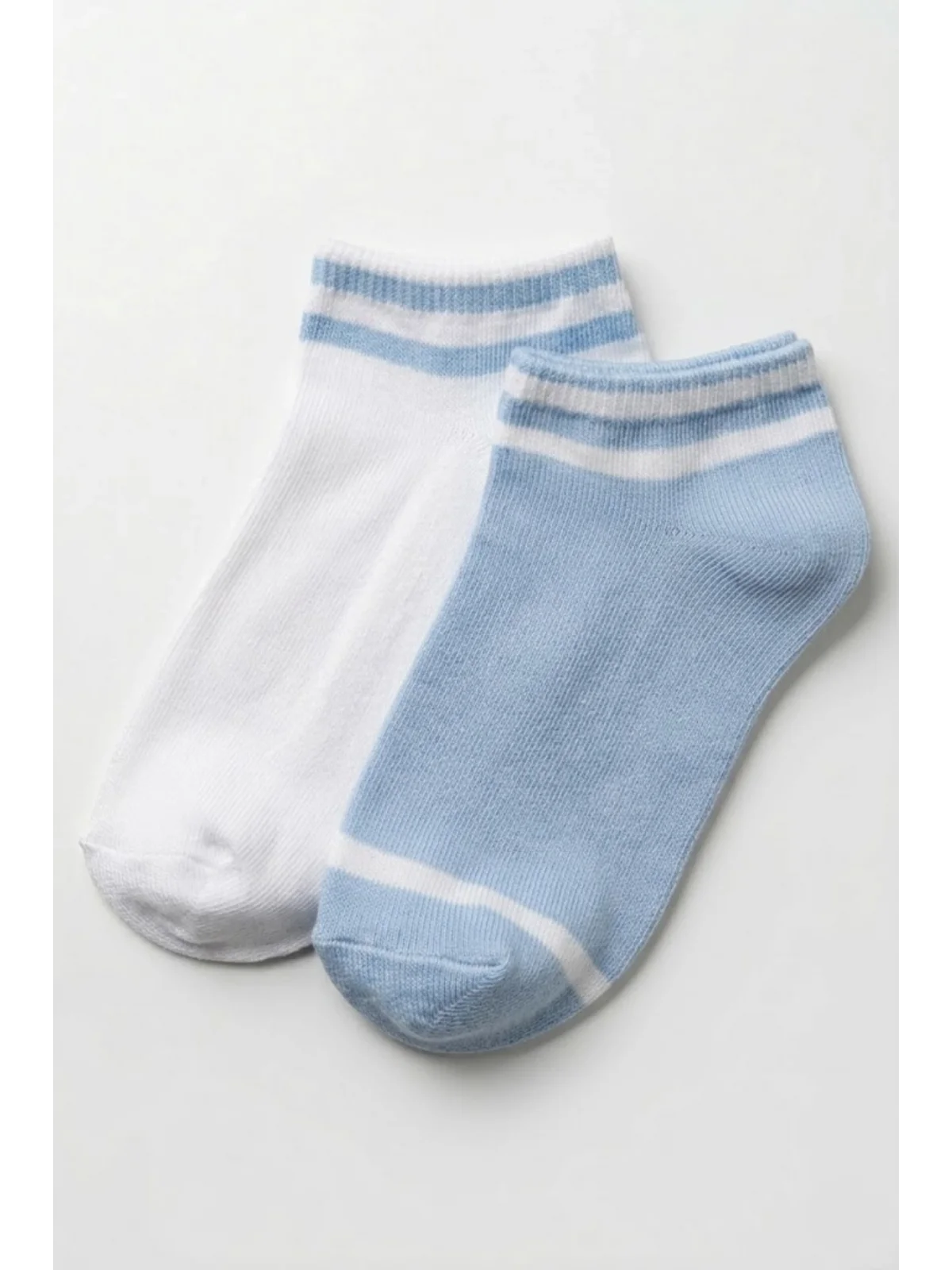 Cocole Socks Erkek Çocuk Patik Çorabı 2’li Set Pamuklu Beyaz & Mavi Çizgi Detaylı