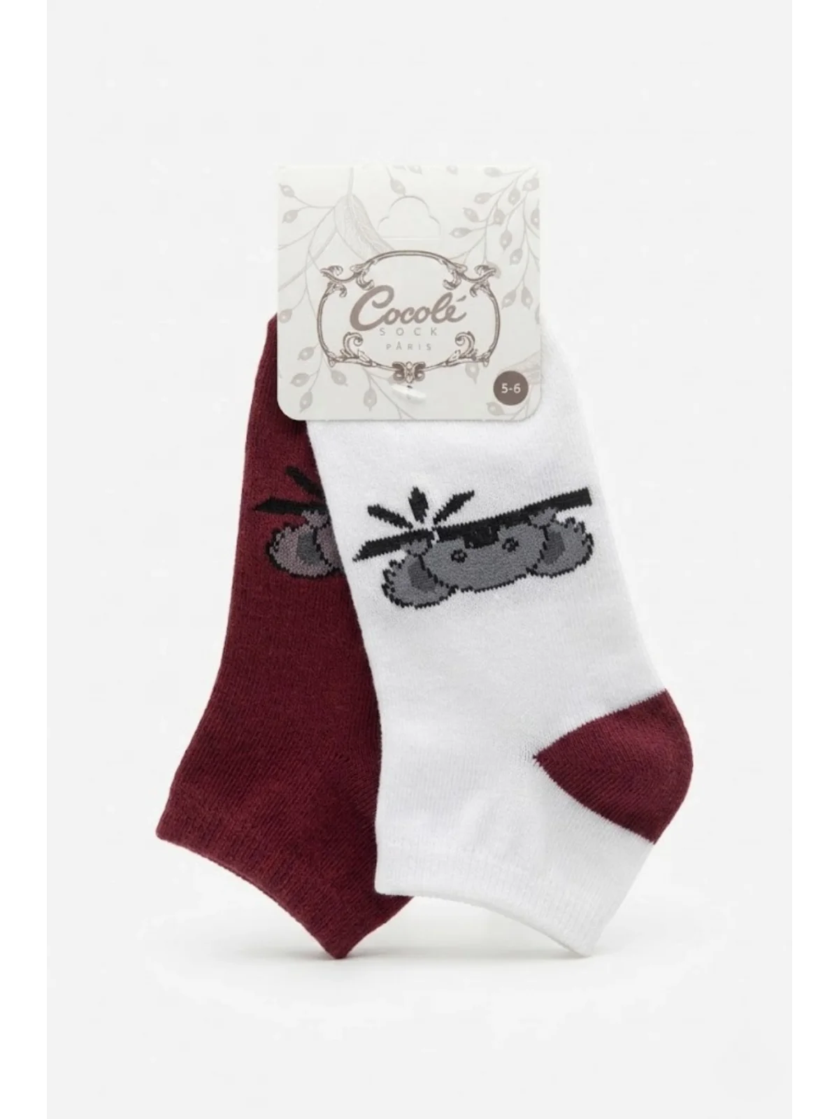 Cocole Socks Çocuk Patik Çorabı 2’li Set Pamuklu Beyaz & Bordo Koala Desenli