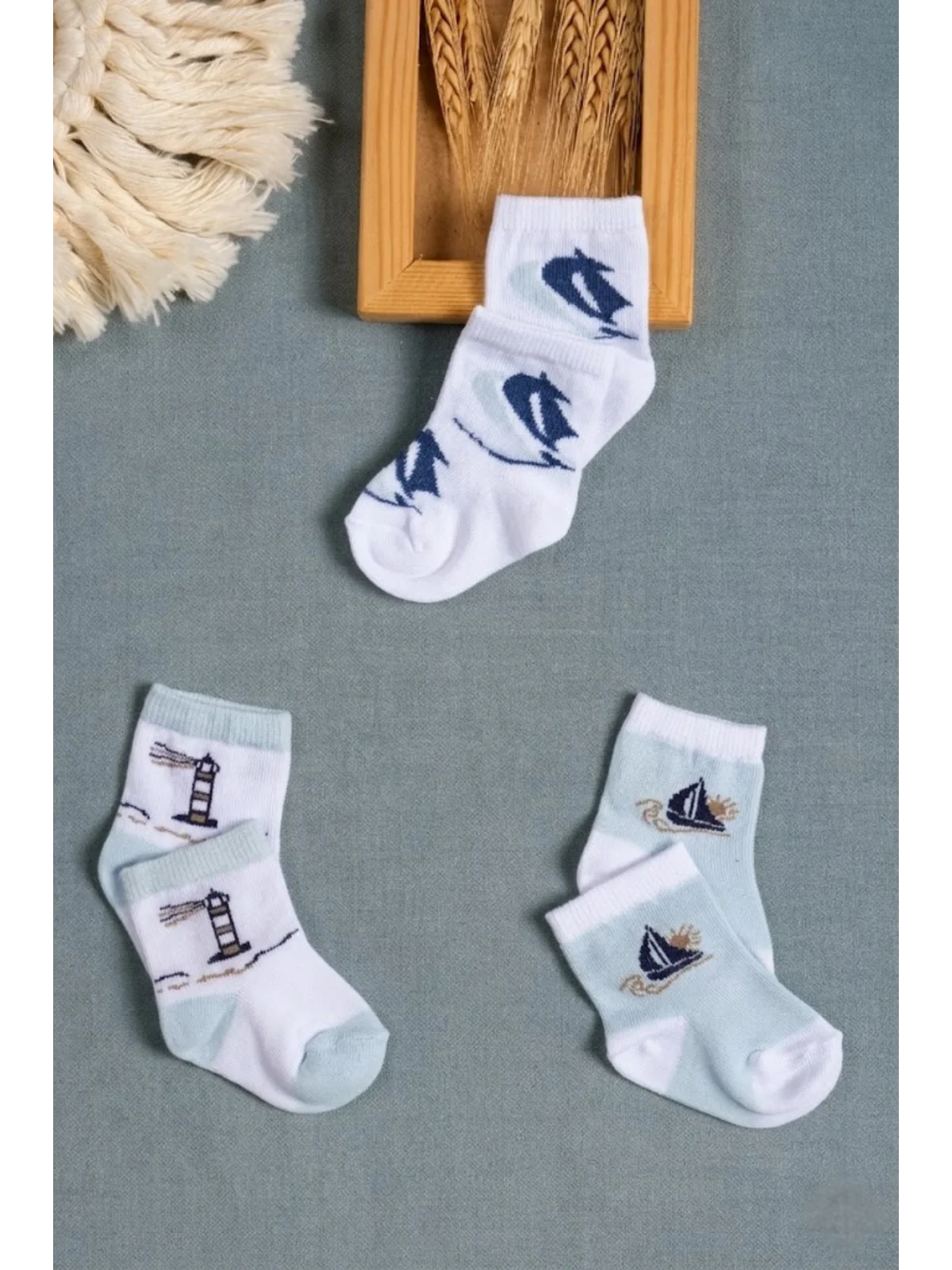 Cocole Socks Erkek Çocuk Soket Çorabı 3’lü Set – Pamuklu Marin & Deniz Desenli