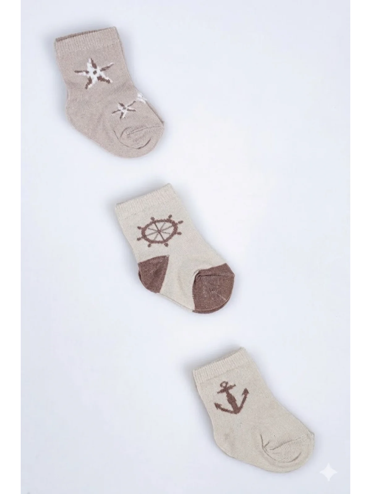 Cocole Socks Erkek Çocuk Soket Çorabı 3’lü Set – Pamuklu Bej Marin & Çapa Desenli