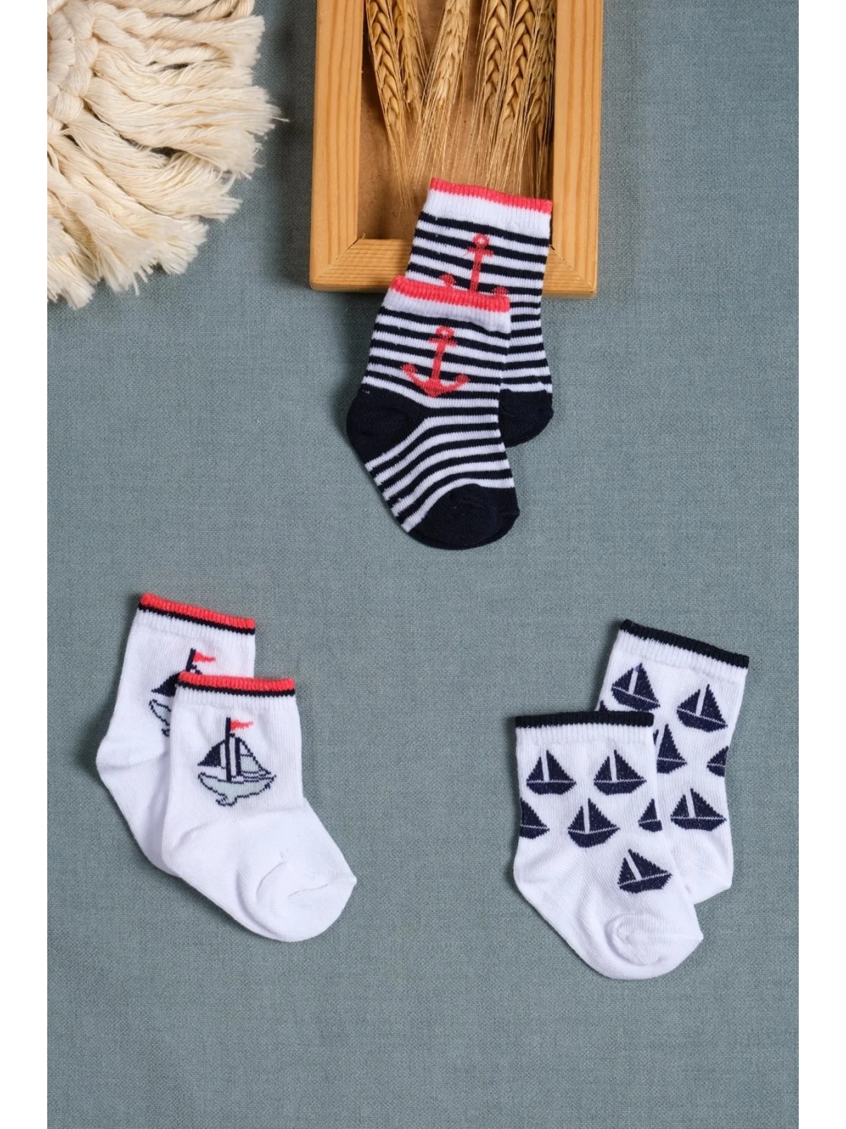 Cocole Socks Erkek Çocuk Soket Çorabı 3’lü Set – Pamuklu Yelkenli & Çapa Desenli