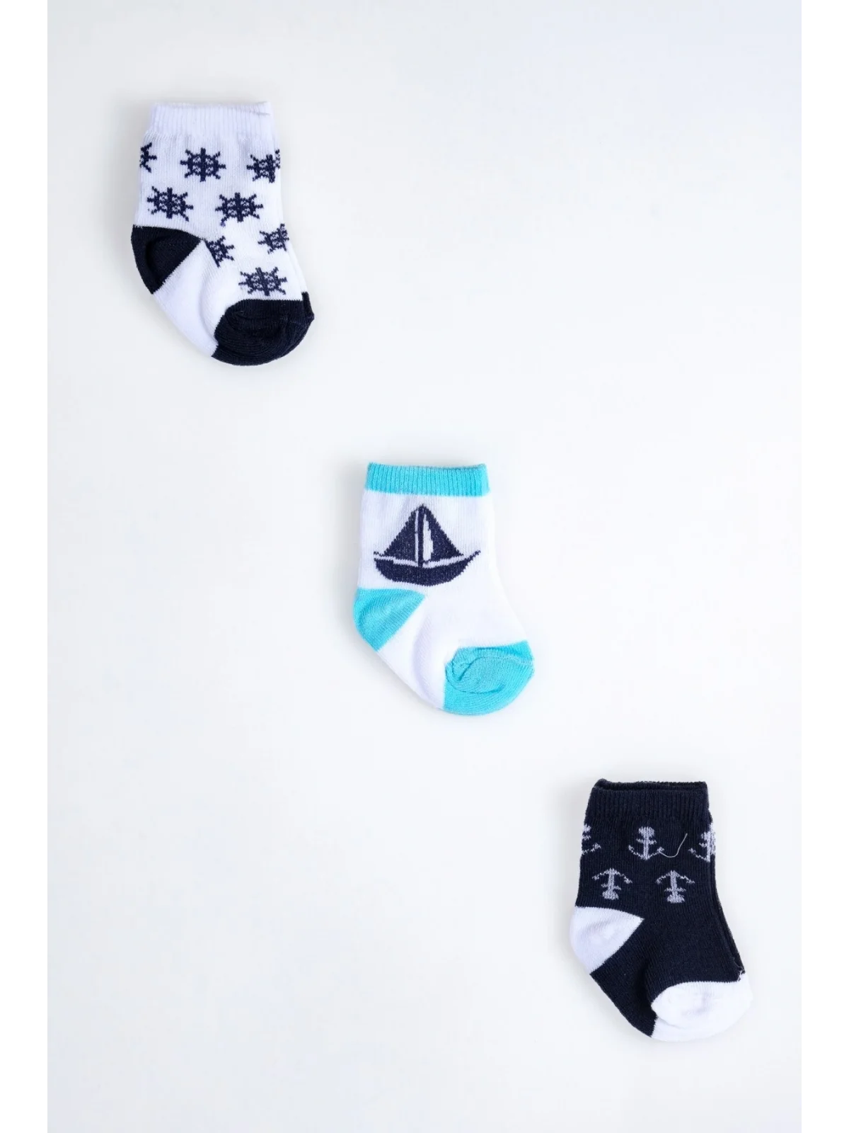 Cocole Socks Erkek Çocuk Soket Çorabı 3’lü Set – Pamuklu Dümen & Yelkenli & Çapa Desenli
