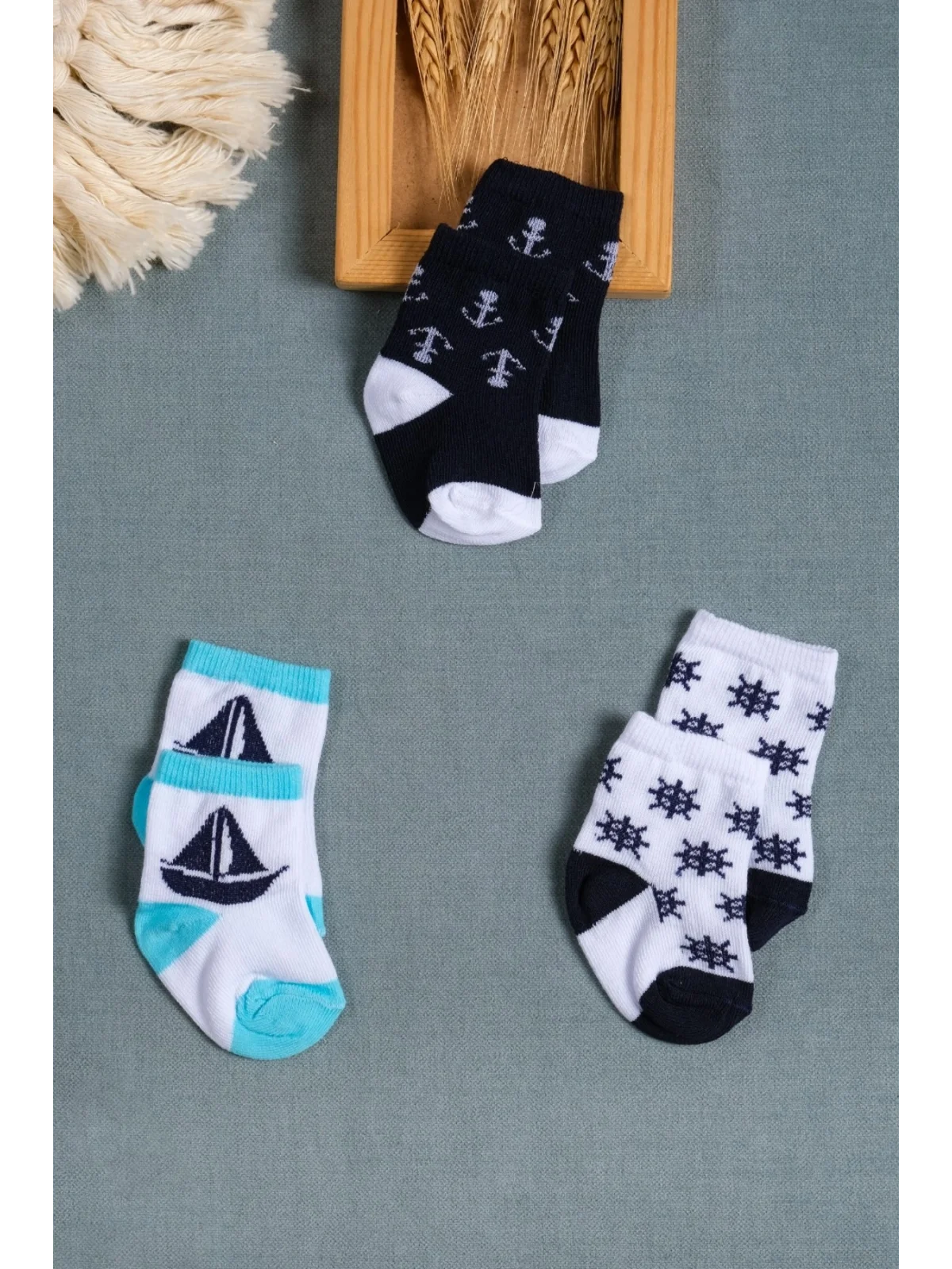 Cocole Socks Erkek Çocuk Soket Çorabı 3’lü Set – Pamuklu Dümen & Yelkenli & Çapa Desenli