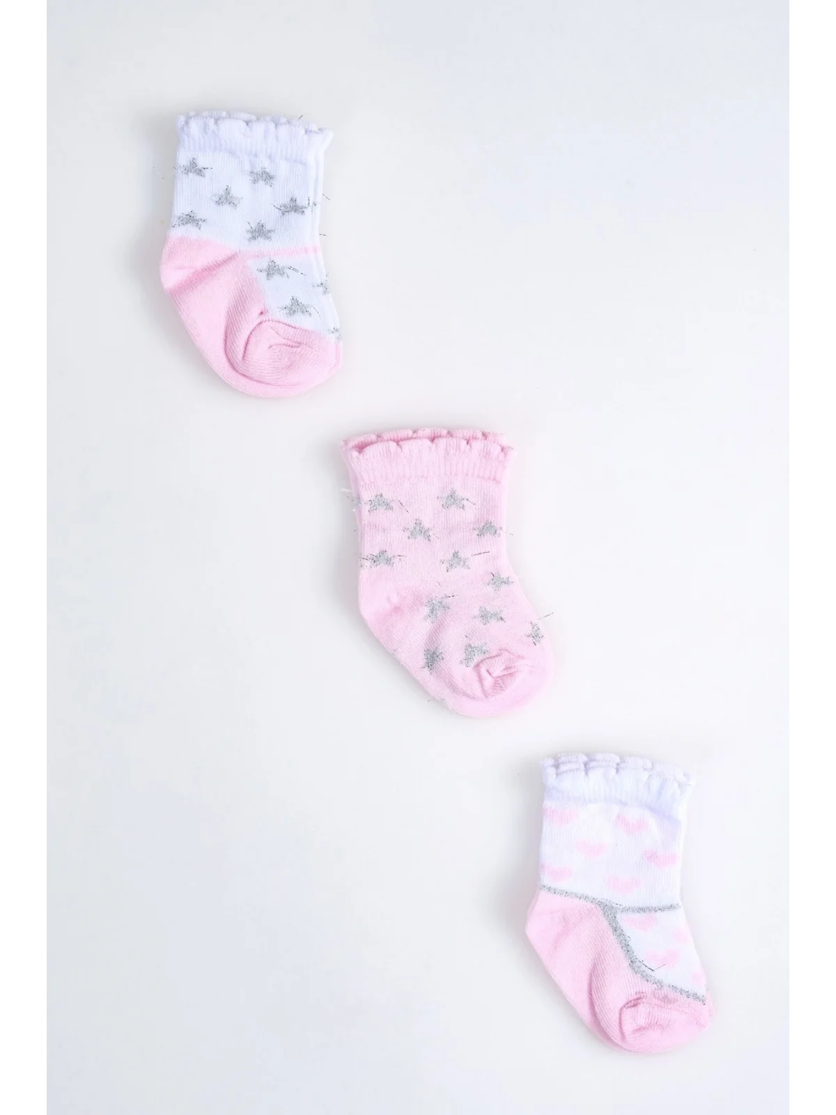 Cocole Socks Kız Çocuk Soket Çorabı 3’lü Set – Pamuklu Fırfırlı Bilek & Simli Yıldız Desenli