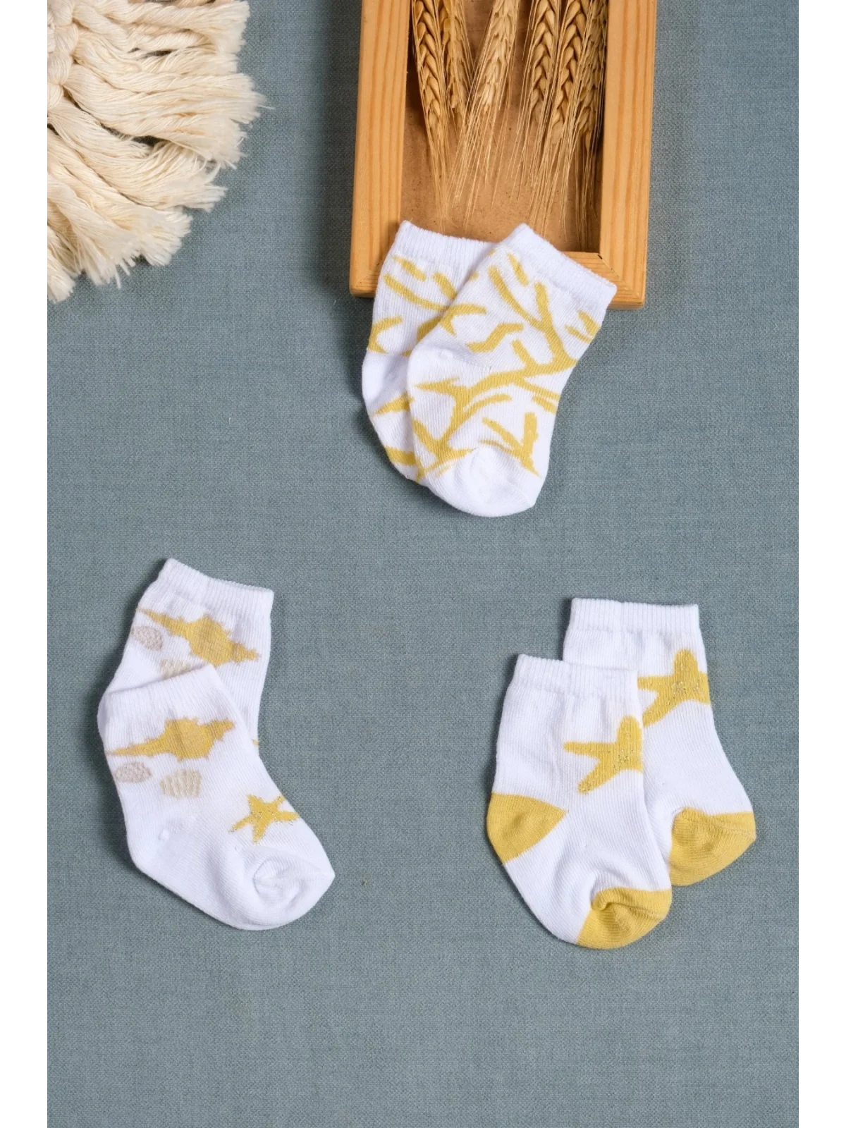 Cocole Socks Kız Çocuk Soket Çorabı 3’lü Set – Pamuklu Hardal & Mercan Desenli