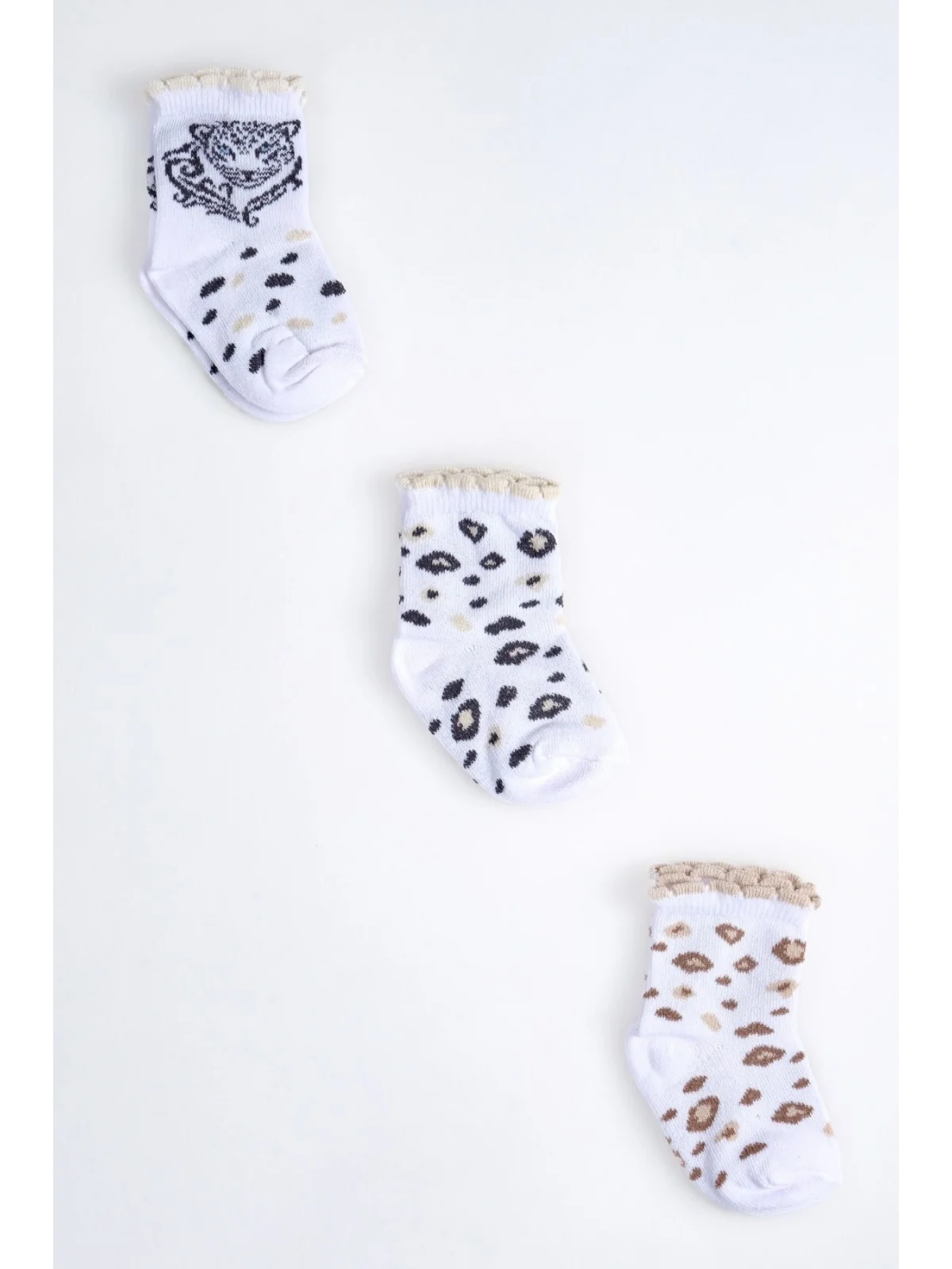 Cocole Socks Kız Çocuk Soket Çorabı 3’lü Set – Pamuklu Fırfırlı Bilekli & Leopar Desenli