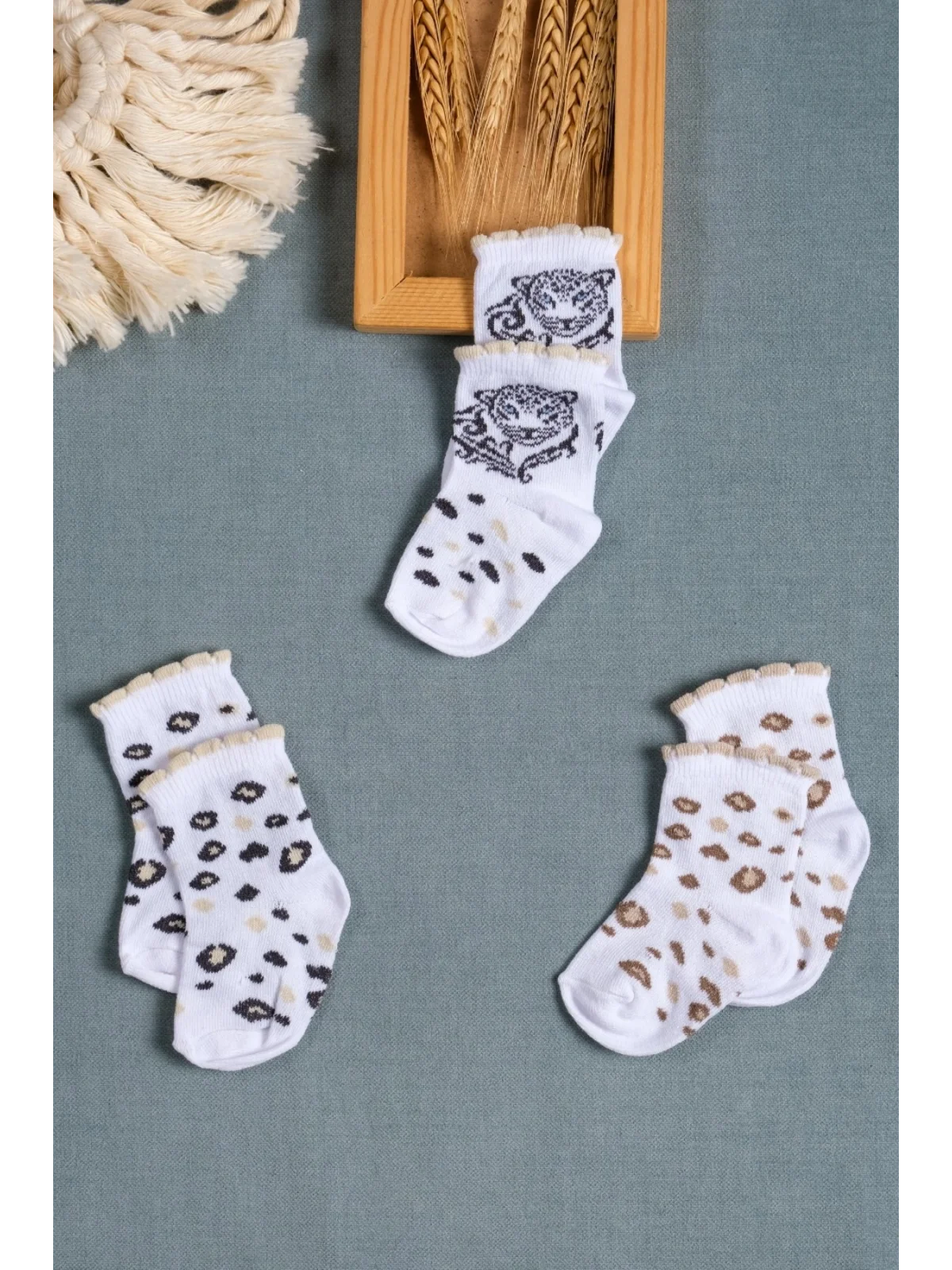 Cocole Socks Kız Çocuk Soket Çorabı 3’lü Set – Pamuklu Fırfırlı Bilekli & Leopar Desenli