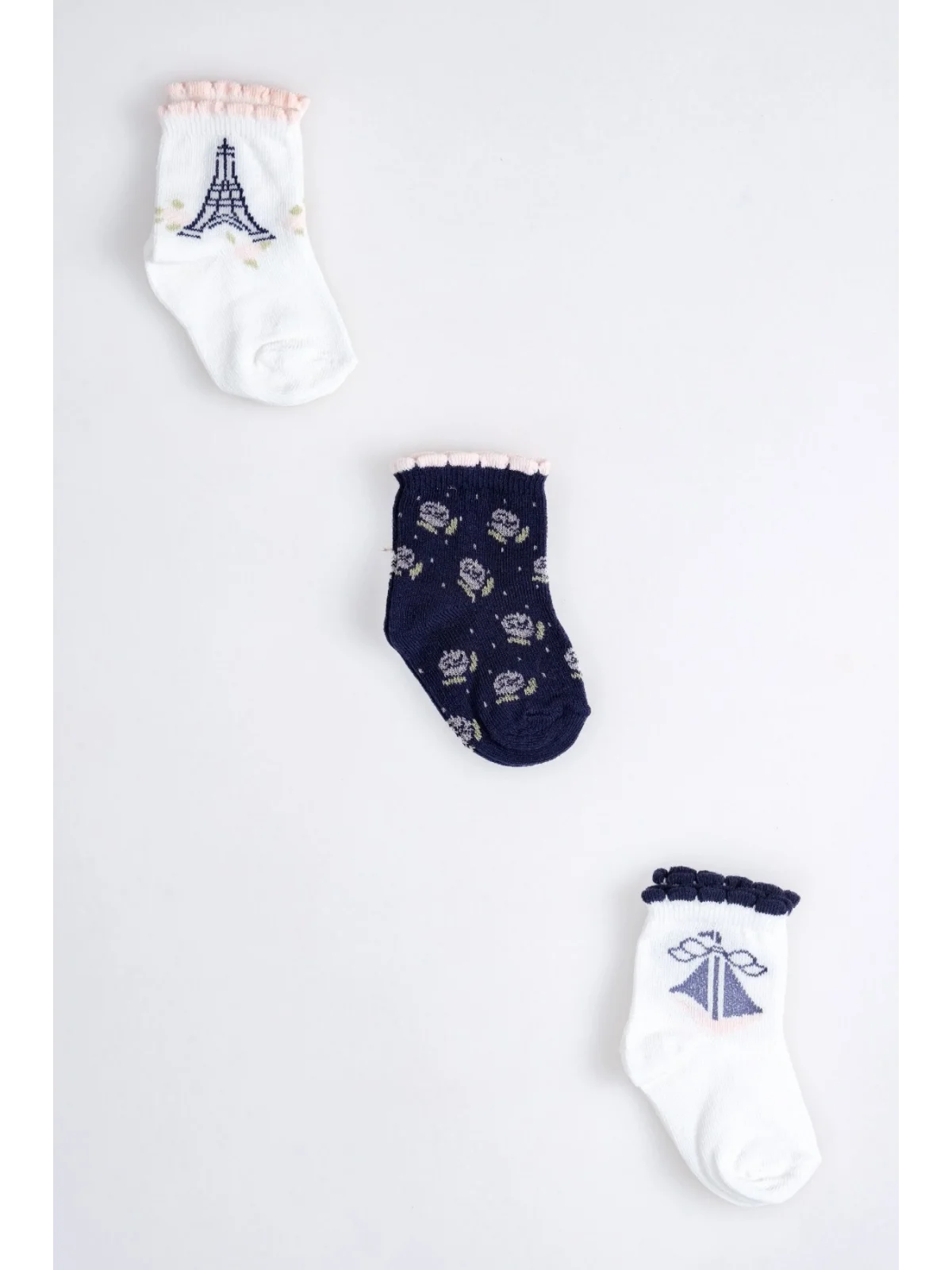 Cocole Socks Kız Çocuk Soket Çorabı 3’lü Set – Pamuklu Paris Temalı & Çiçekli Desenli