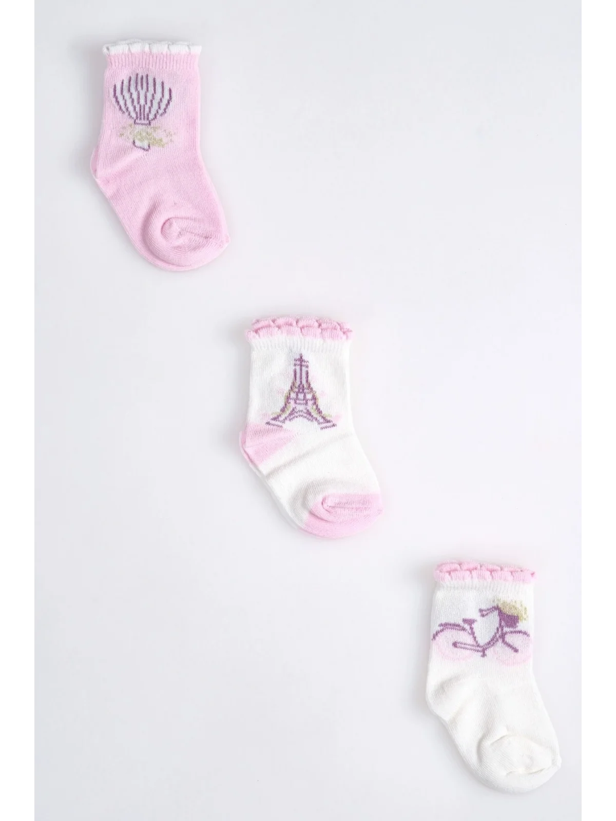 Cocole Socks Kız Çocuk Soket Çorabı 3’lü Set – Pamuklu Paris Temalı & Bisiklet Desenli