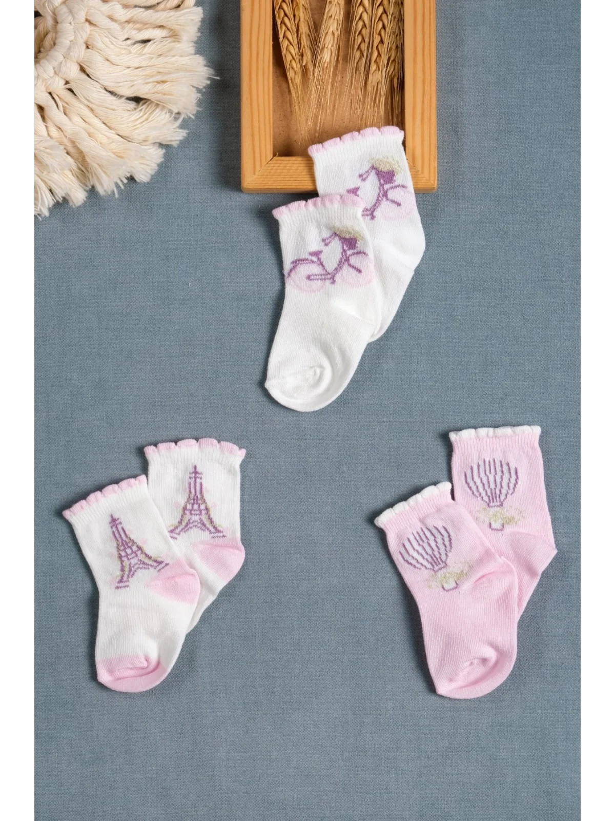 Cocole Socks Kız Çocuk Soket Çorabı 3’lü Set – Pamuklu Paris Temalı & Bisiklet Desenli
