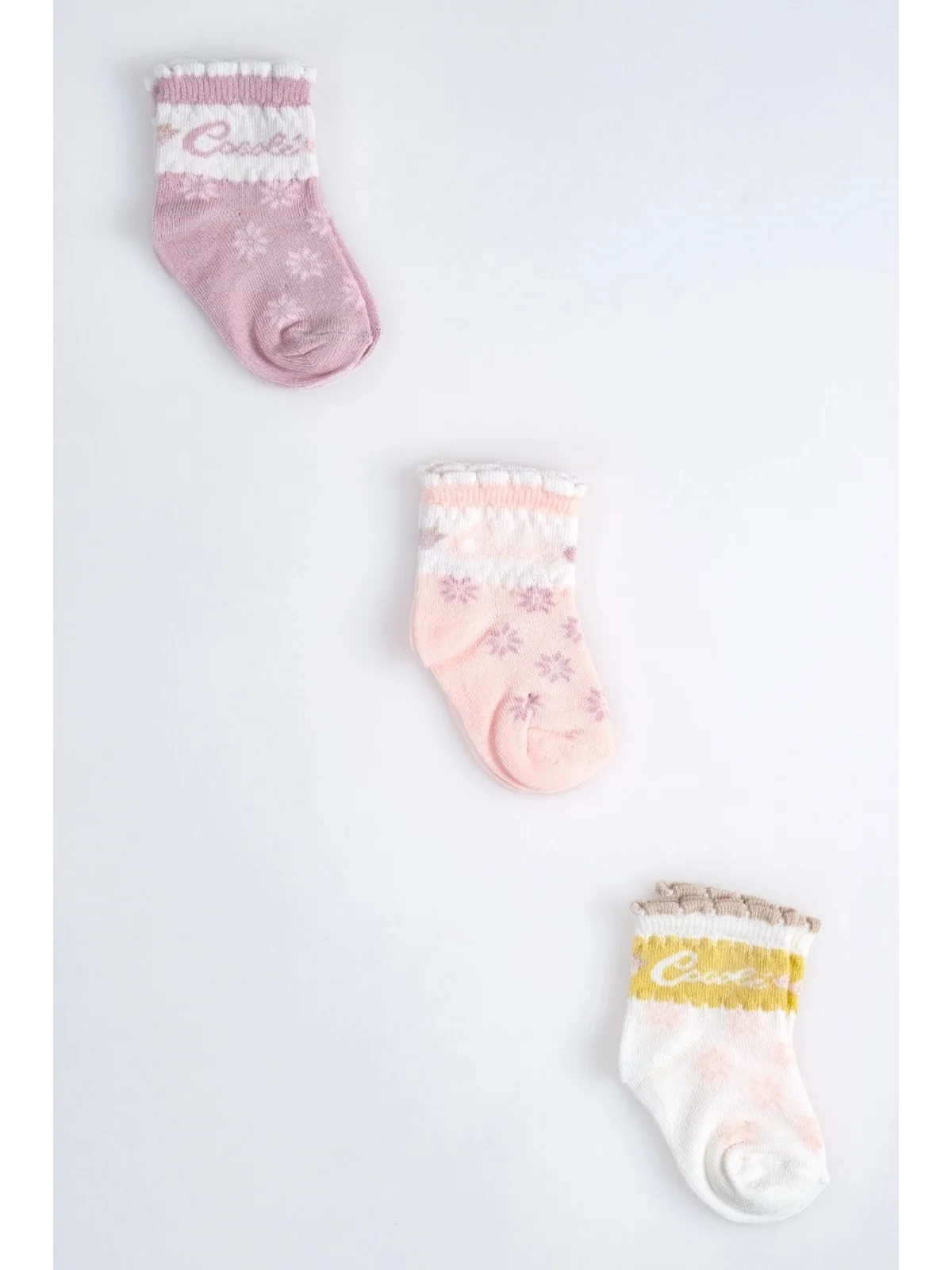 Cocole Socks Kız Çocuk Soket Çorabı 3’lü Set – Pamuklu Özel Logolu Seri & Çiçekli Desenli