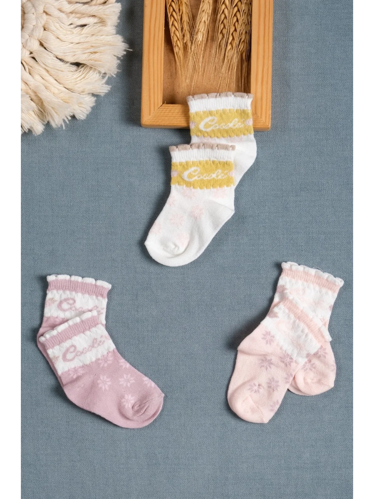 Cocole Socks Kız Çocuk Soket Çorabı 3’lü Set – Pamuklu Özel Logolu Seri & Çiçekli Desenli