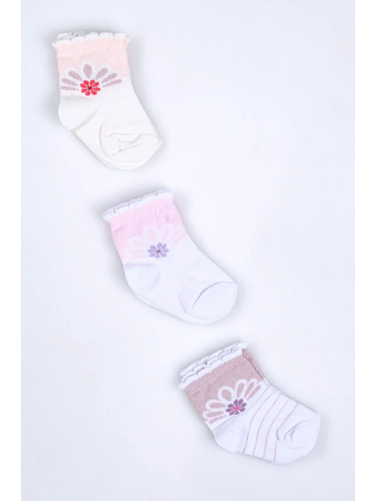 Cocole Socks Kız Bebek Soket Çorabı 3’lü Set – Pamuklu Fırfırlı Bilekli & Çiçek Desenli