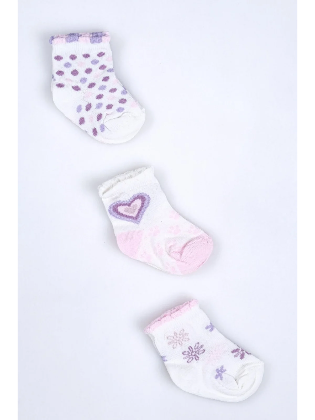 Cocole Socks Kız Bebek Soket Çorabı 3’lü Set – Pamuklu Kalp & Çiçek Desenli