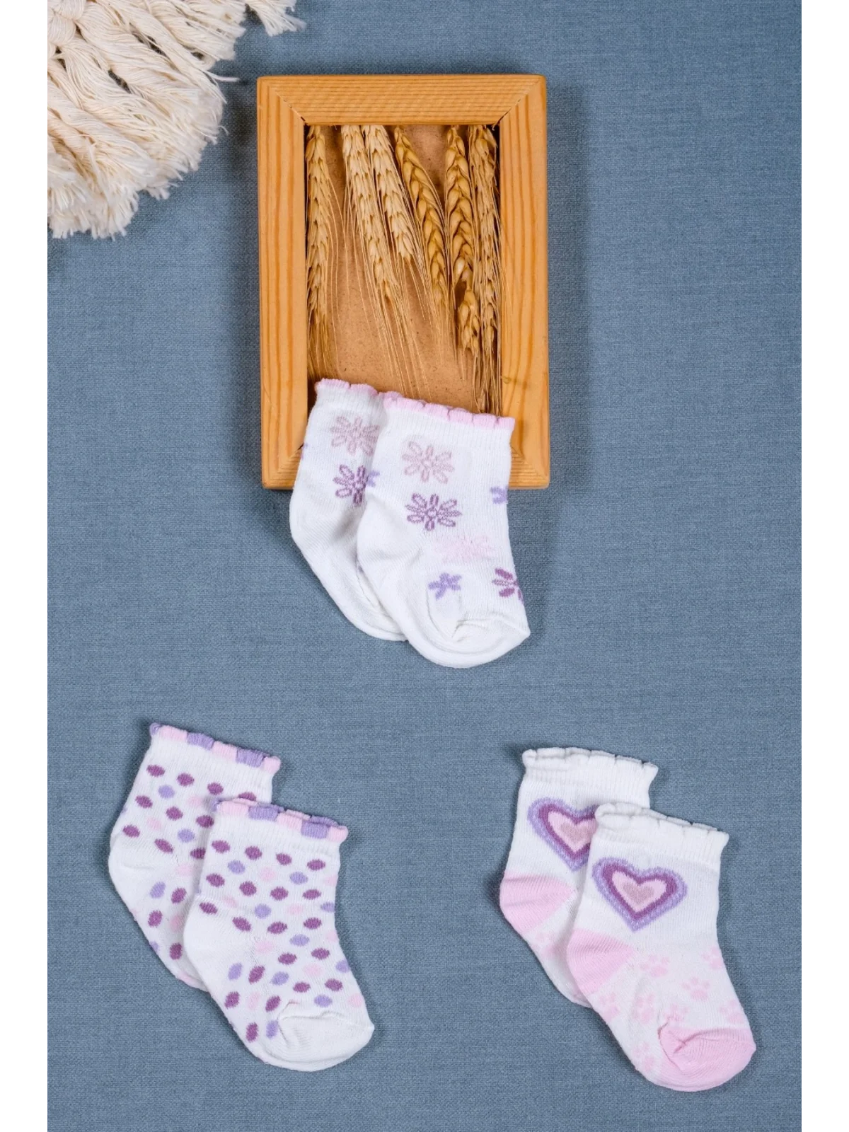 Cocole Socks Kız Bebek Soket Çorabı 3’lü Set – Pamuklu Kalp & Çiçek Desenli