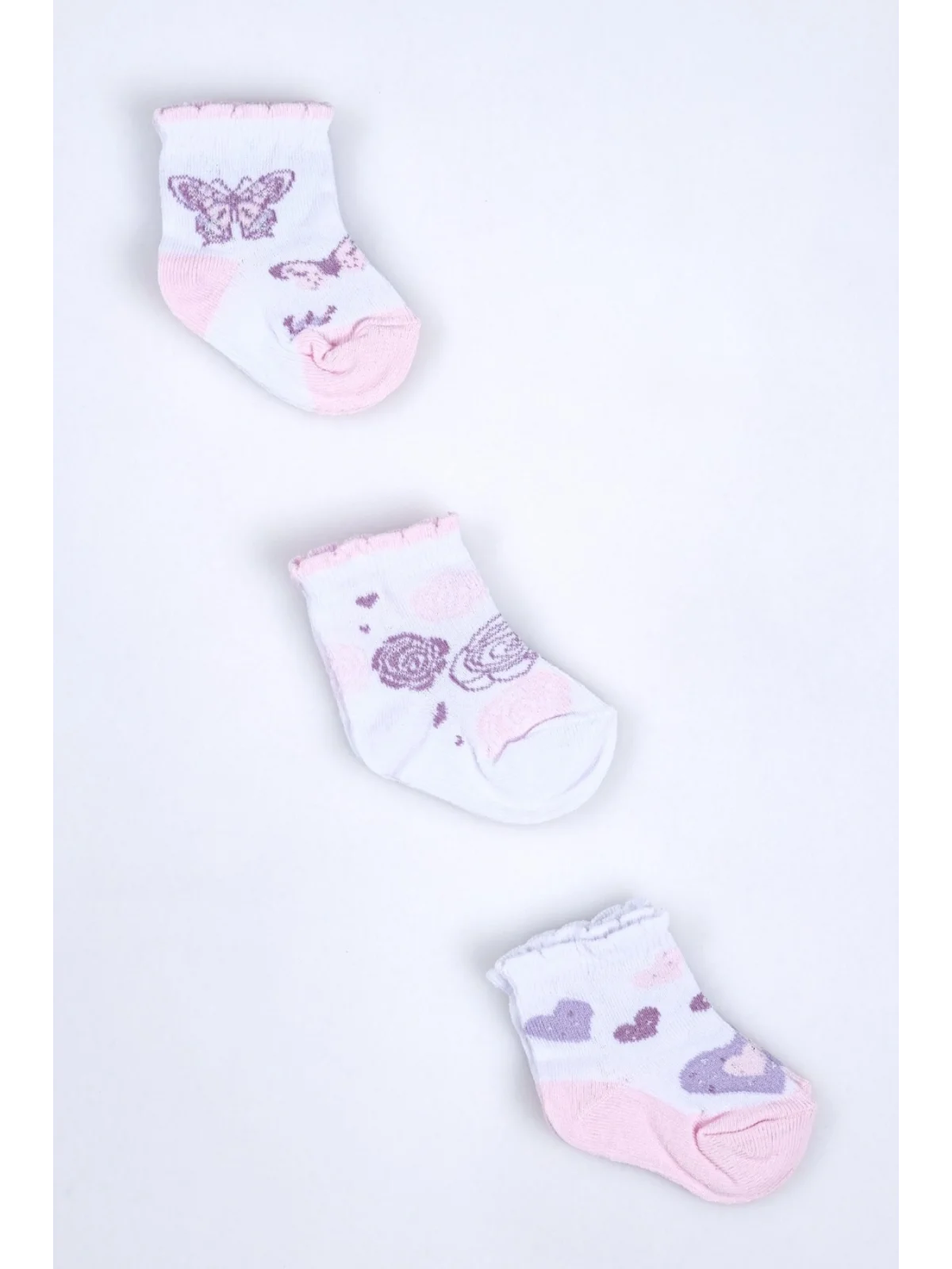 Cocole Socks Kız Bebek Soket Çorabı 3’lü Set – Pamuklu Fırfırlı Bilekli & Kelebek Desenli