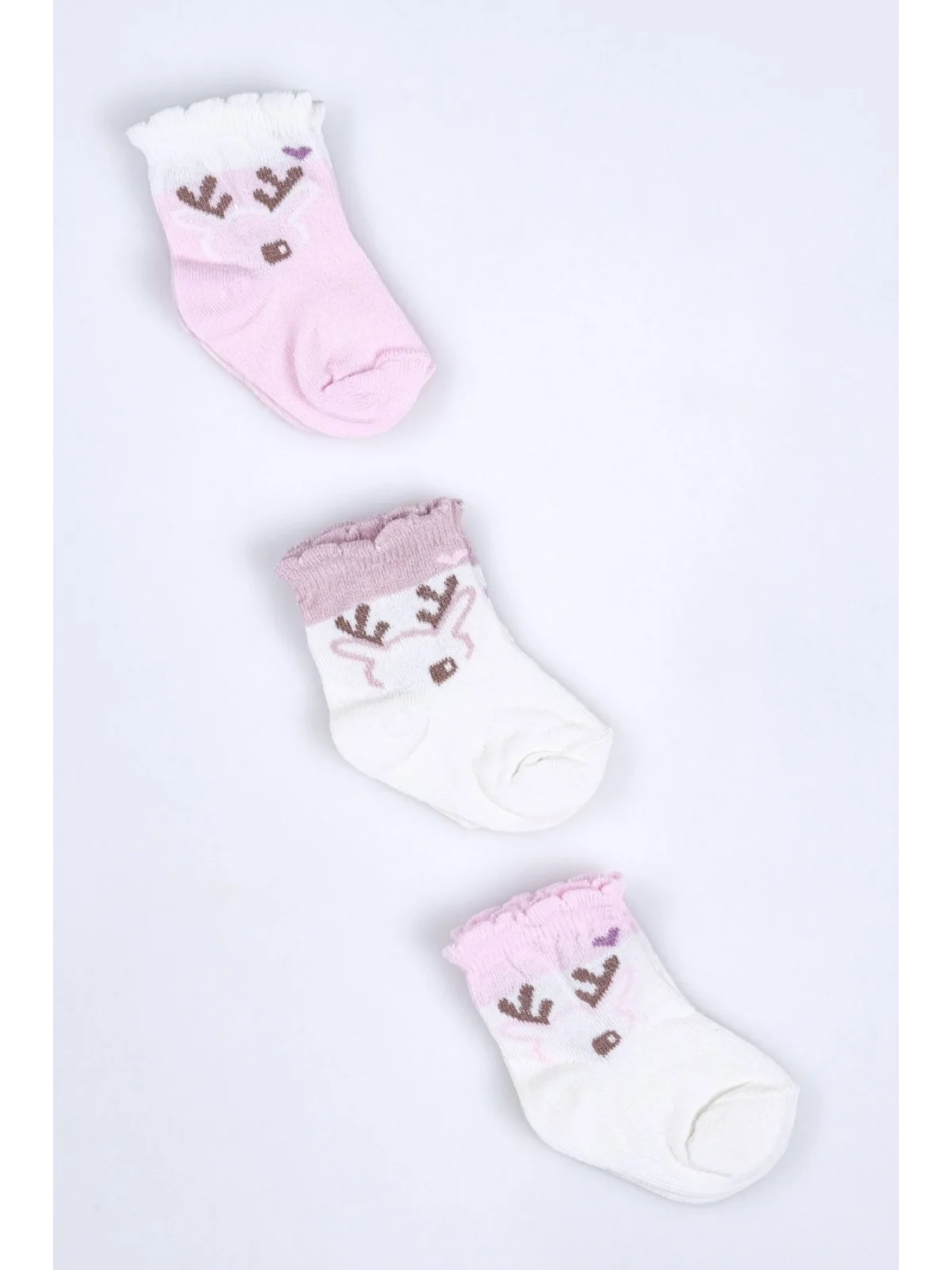 Cocole Socks Kız Bebek Soket Çorabı 3’lü Set – Pamuklu Fırfırlı Bilekli & Geyik Desenli