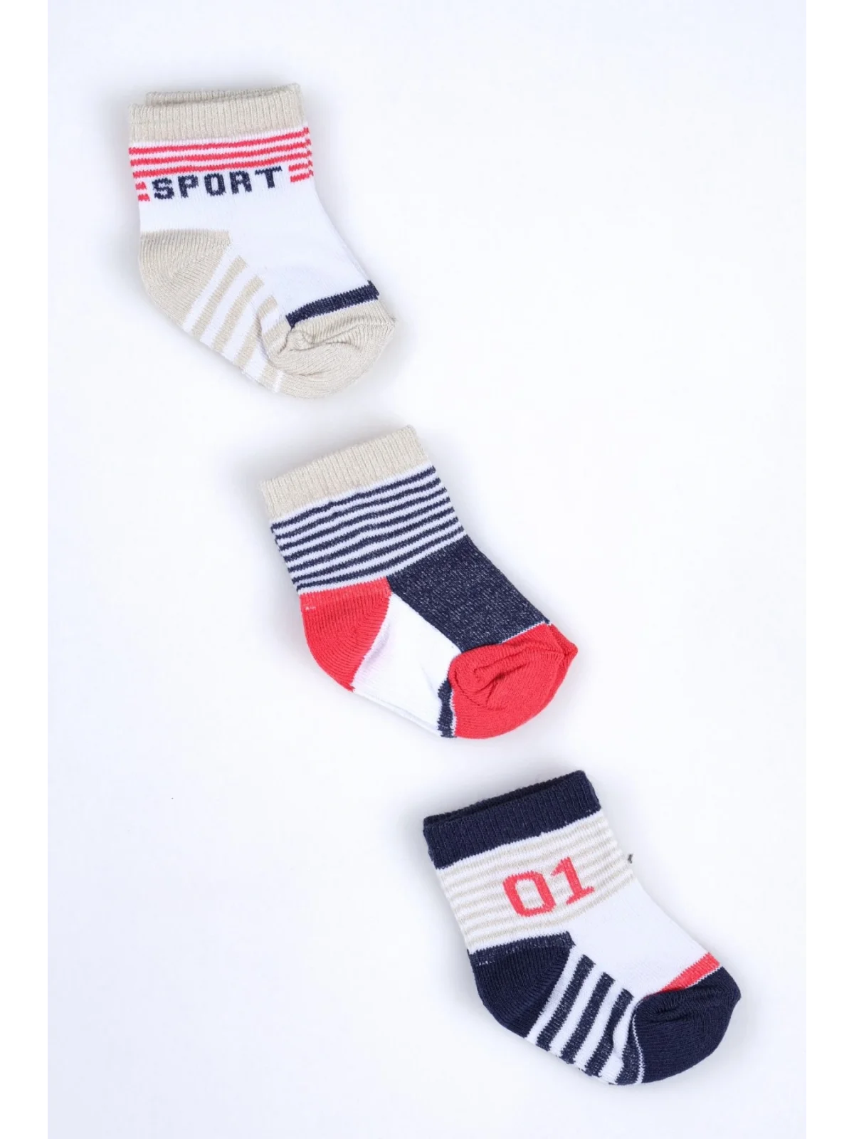 Cocole Socks Erkek Bebek Soket Çorabı 3’lü Set – Pamuklu Sportif Kolej Temalı & Çizgi Desenli