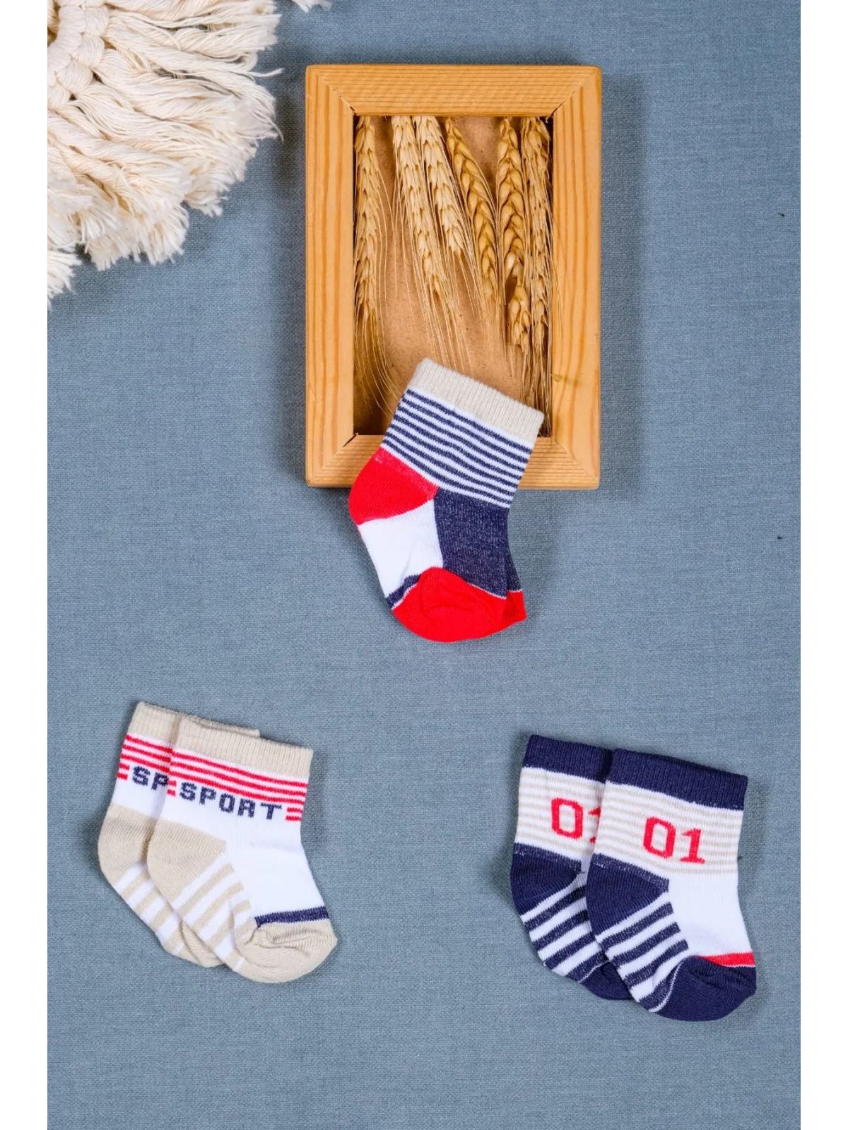 Cocole Socks Erkek Bebek Soket Çorabı 3’lü Set – Pamuklu Sportif Kolej Temalı & Çizgi Desenli