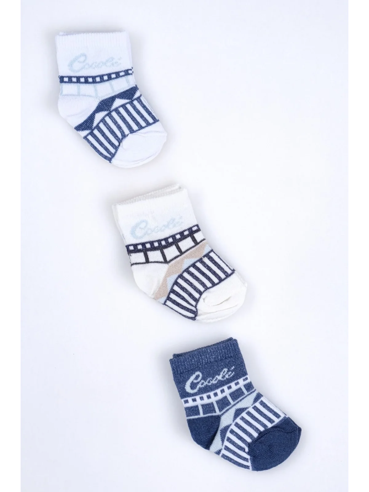 Cocole Socks Erkek Bebek Soket Çorabı 3’lü Set – Pamuklu Özel Logolu & Çizgi Desenli