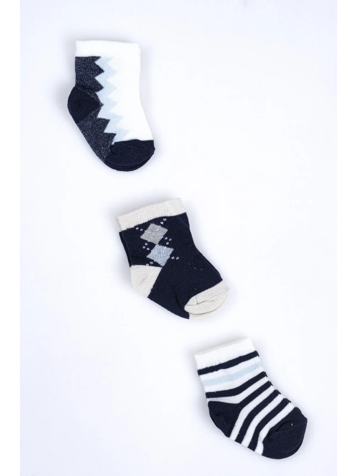 Cocole Socks Erkek Bebek Soket Çorabı 3’lü Set – Pamuklu Baklava & Zigzag Desenli