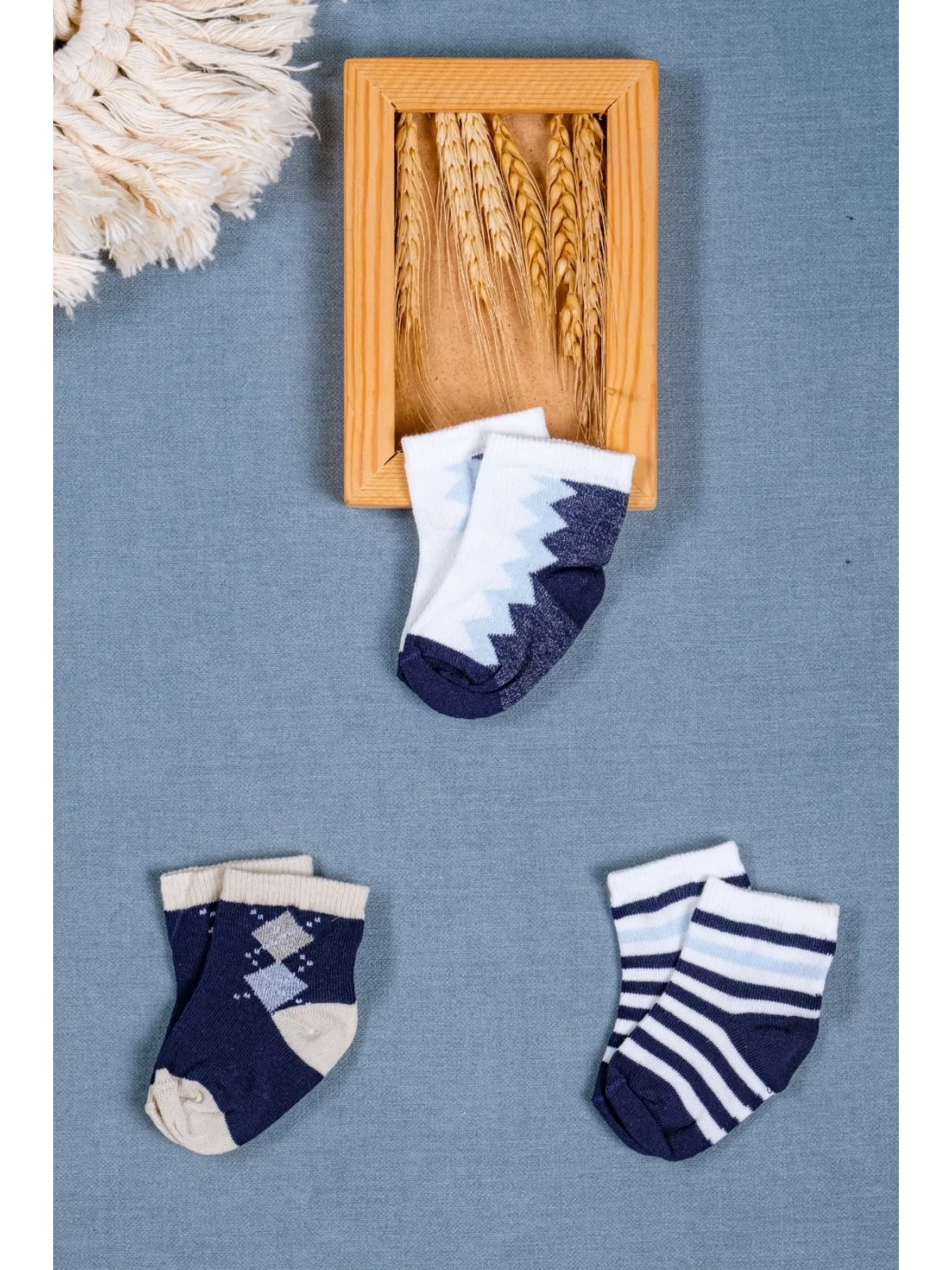 Cocole Socks Erkek Bebek Soket Çorabı 3’lü Set – Pamuklu Baklava & Zigzag Desenli