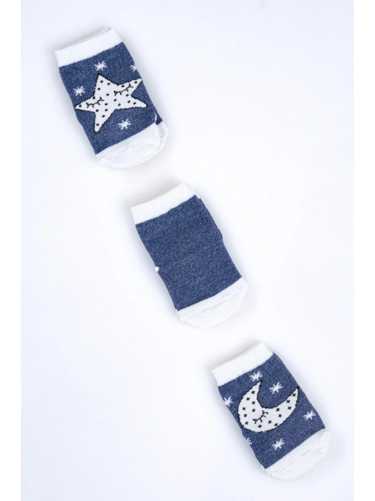 Cocole Socks Erkek Bebek Soket Çorabı 3’lü Set – Pamuklu Lacivert Ay & Yıldız Desenli