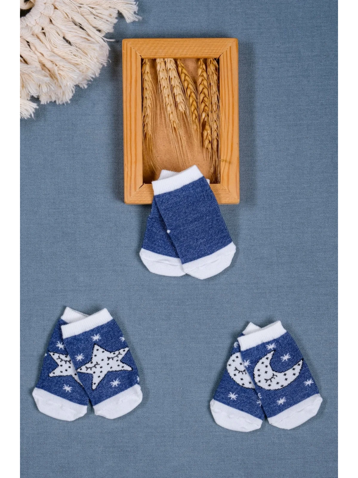 Cocole Socks Erkek Bebek Soket Çorabı 3’lü Set – Pamuklu Lacivert Ay & Yıldız Desenli