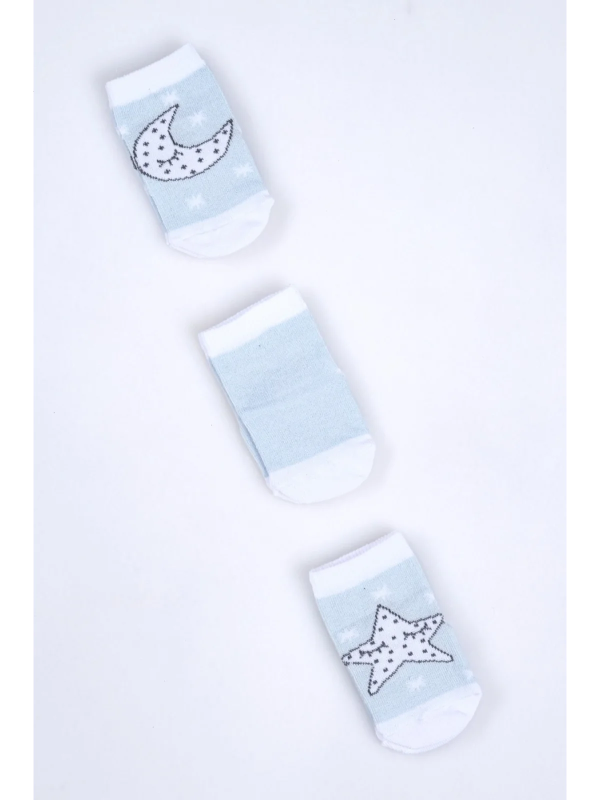 Cocole Socks Erkek Bebek Soket Çorabı 3’lü Set – Pamuklu Açık Mavi Ay & Yıldız Desenli