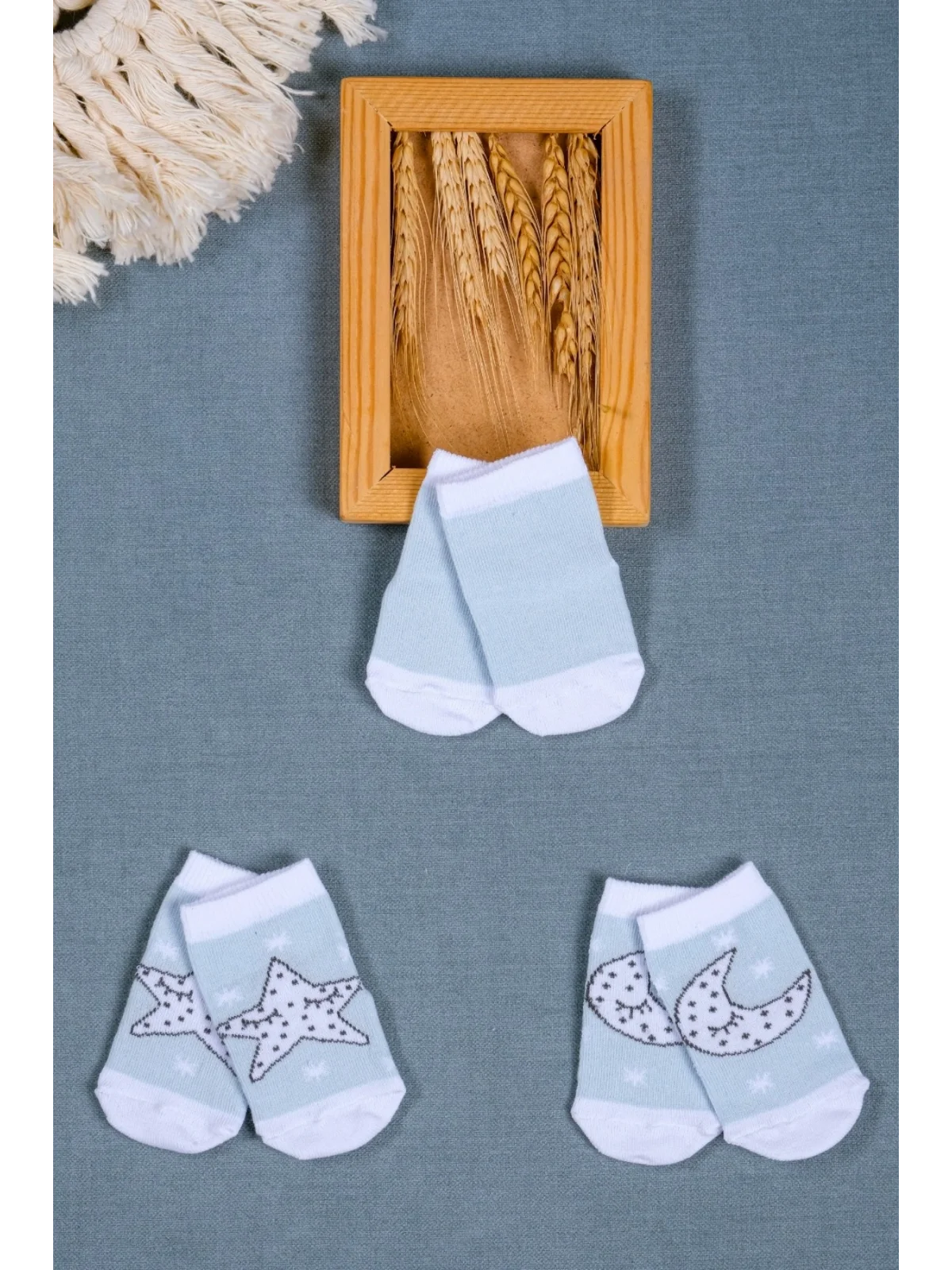 Cocole Socks Erkek Bebek Soket Çorabı 3’lü Set – Pamuklu Açık Mavi Ay & Yıldız Desenli