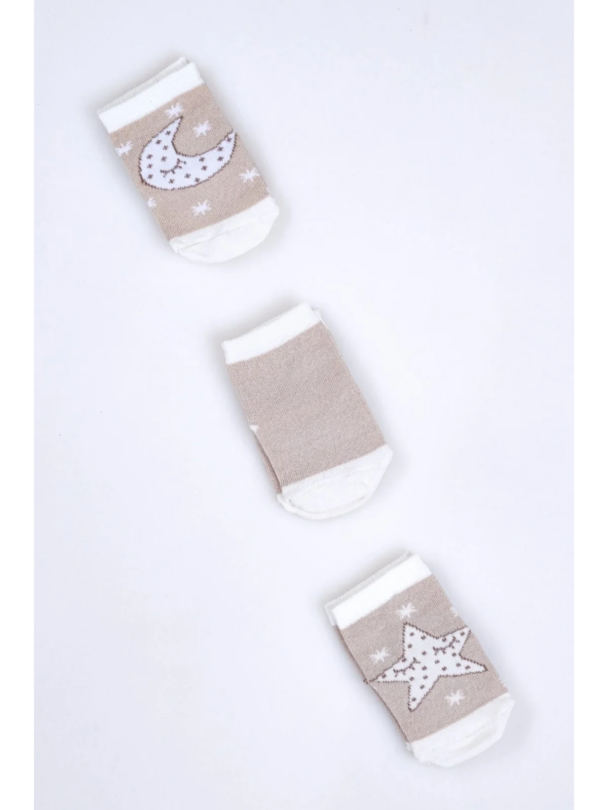 Cocole Socks Erkek Bebek Soket Çorabı 3’lü Set – Pamuklu Bej Ay & Yıldız Desenli