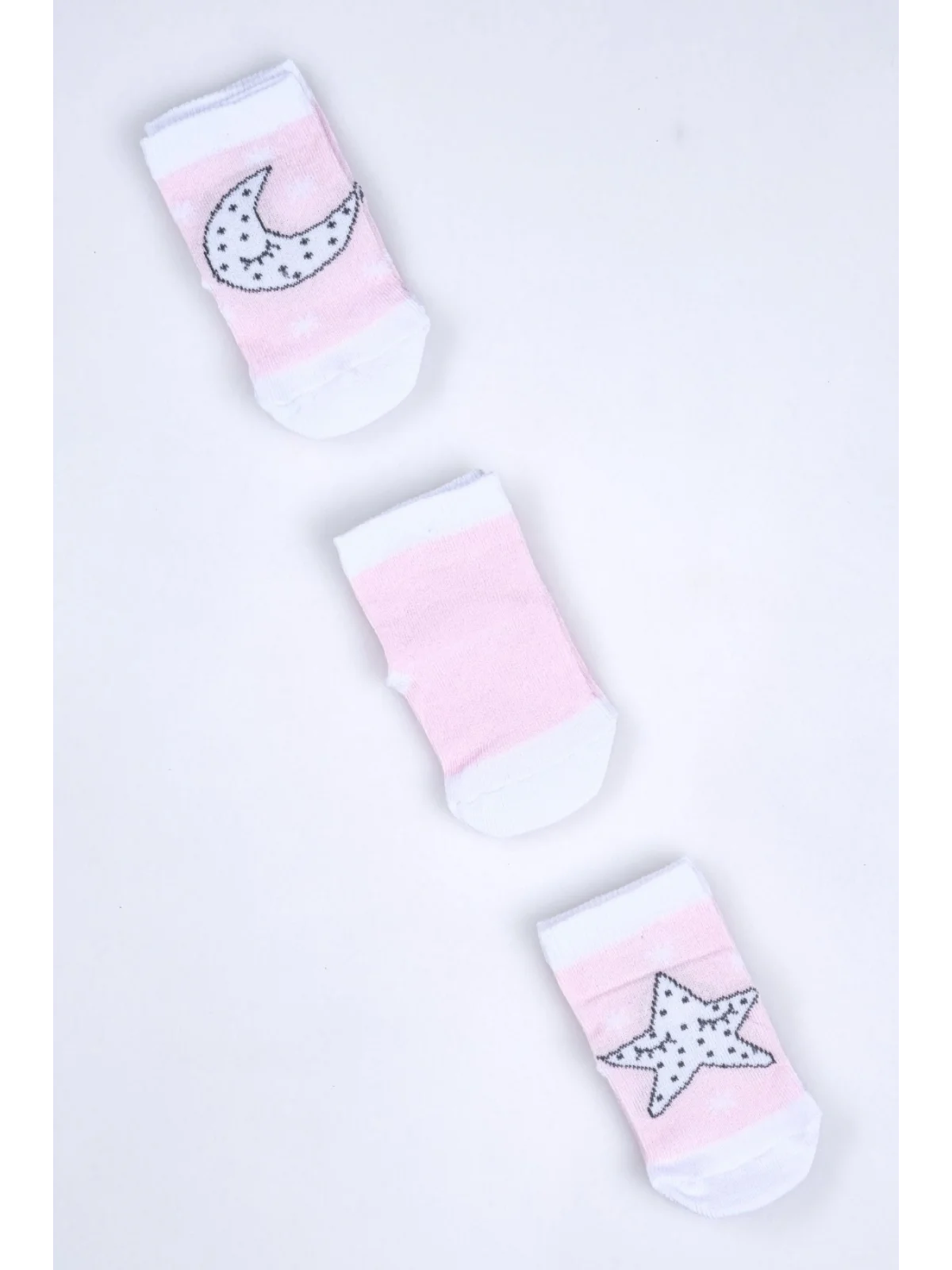 Cocole Socks Kız Bebek Soket Çorabı 3’lü Set – Pamuklu Pembe Ay & Yıldız Desenli
