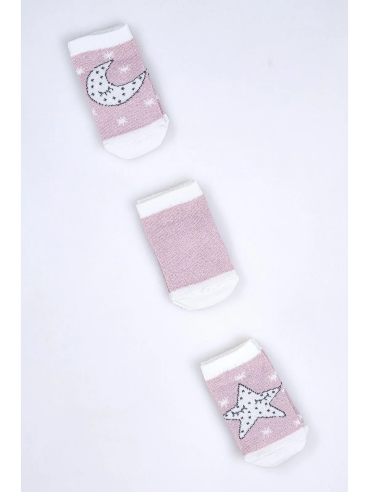 Cocole Socks Kız Bebek Soket Çorabı 3’lü Set – Pamuklu Gül Kurusu Ay & Yıldız Desenli