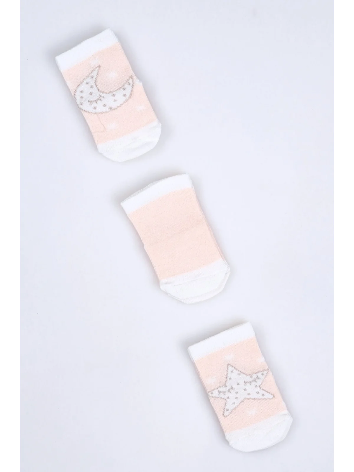 Cocole Socks Kız Bebek Soket Çorabı 3’lü Set – Pamuklu Somon Ay & Yıldız Desenli