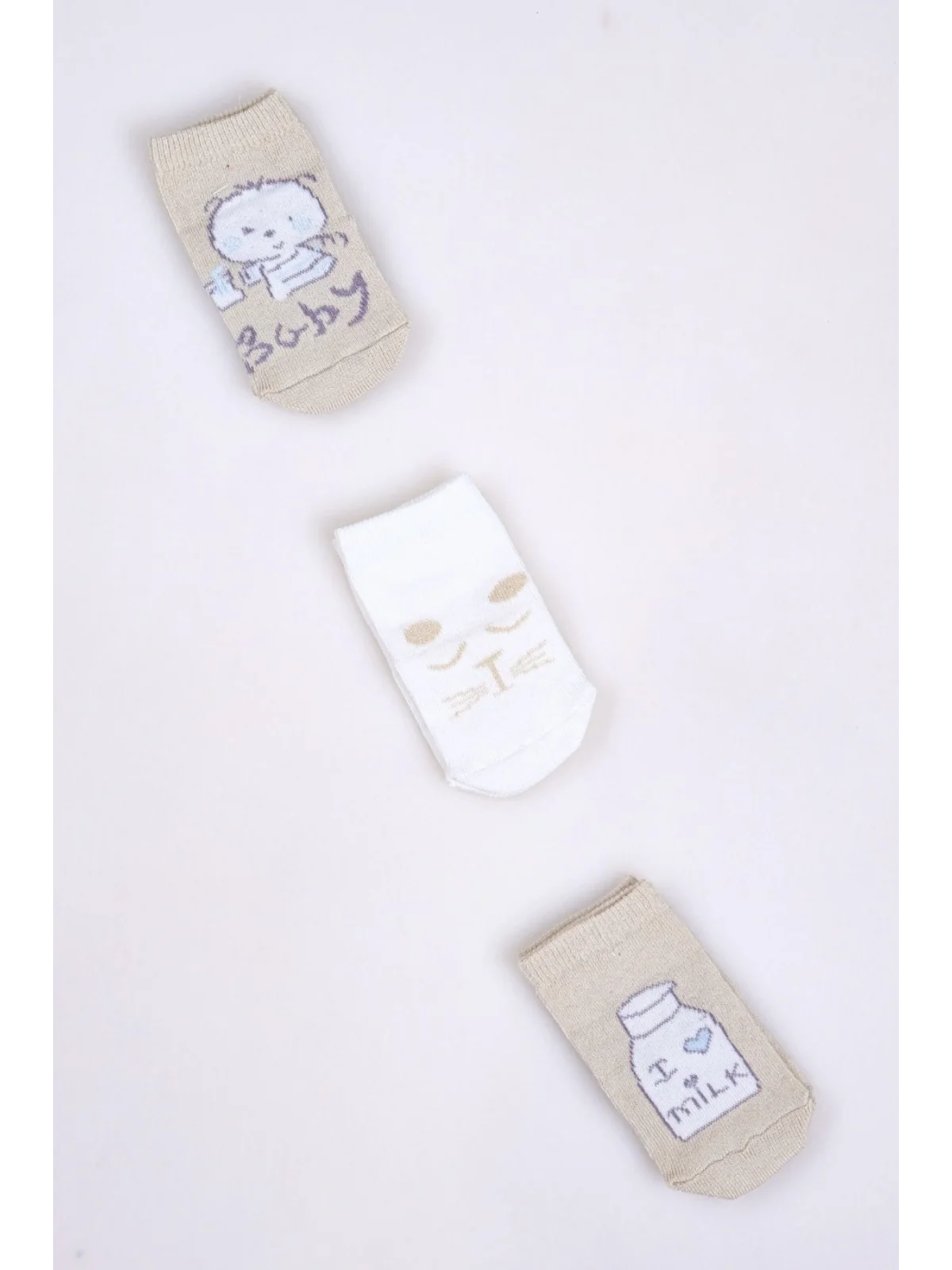 Cocole Socks Erkek Bebek Soket Çorabı 3’lü Set – Pamuklu Bej Sevimli Figür Desenli