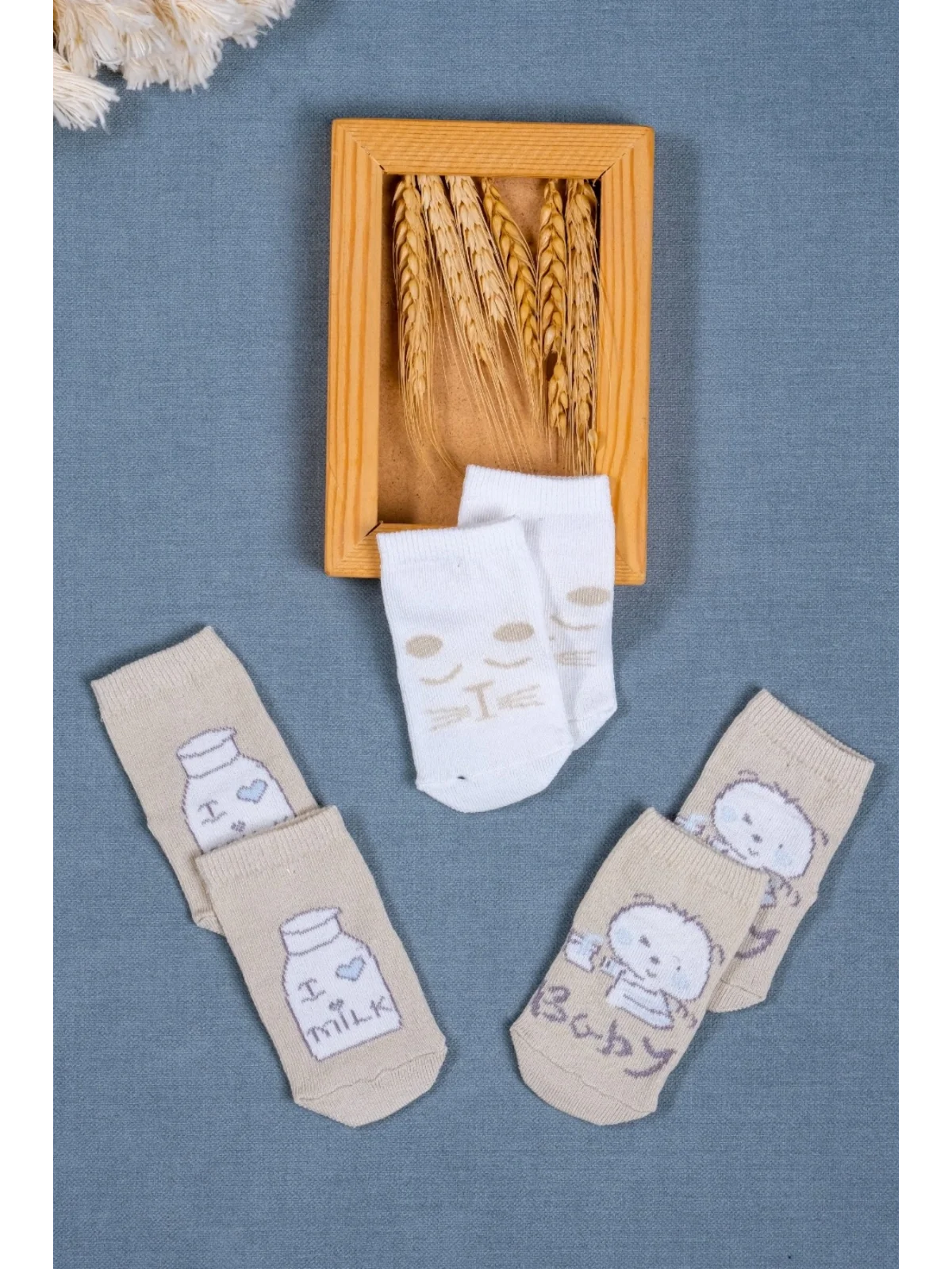 Cocole Socks Erkek Bebek Soket Çorabı 3’lü Set – Pamuklu Bej Sevimli Figür Desenli