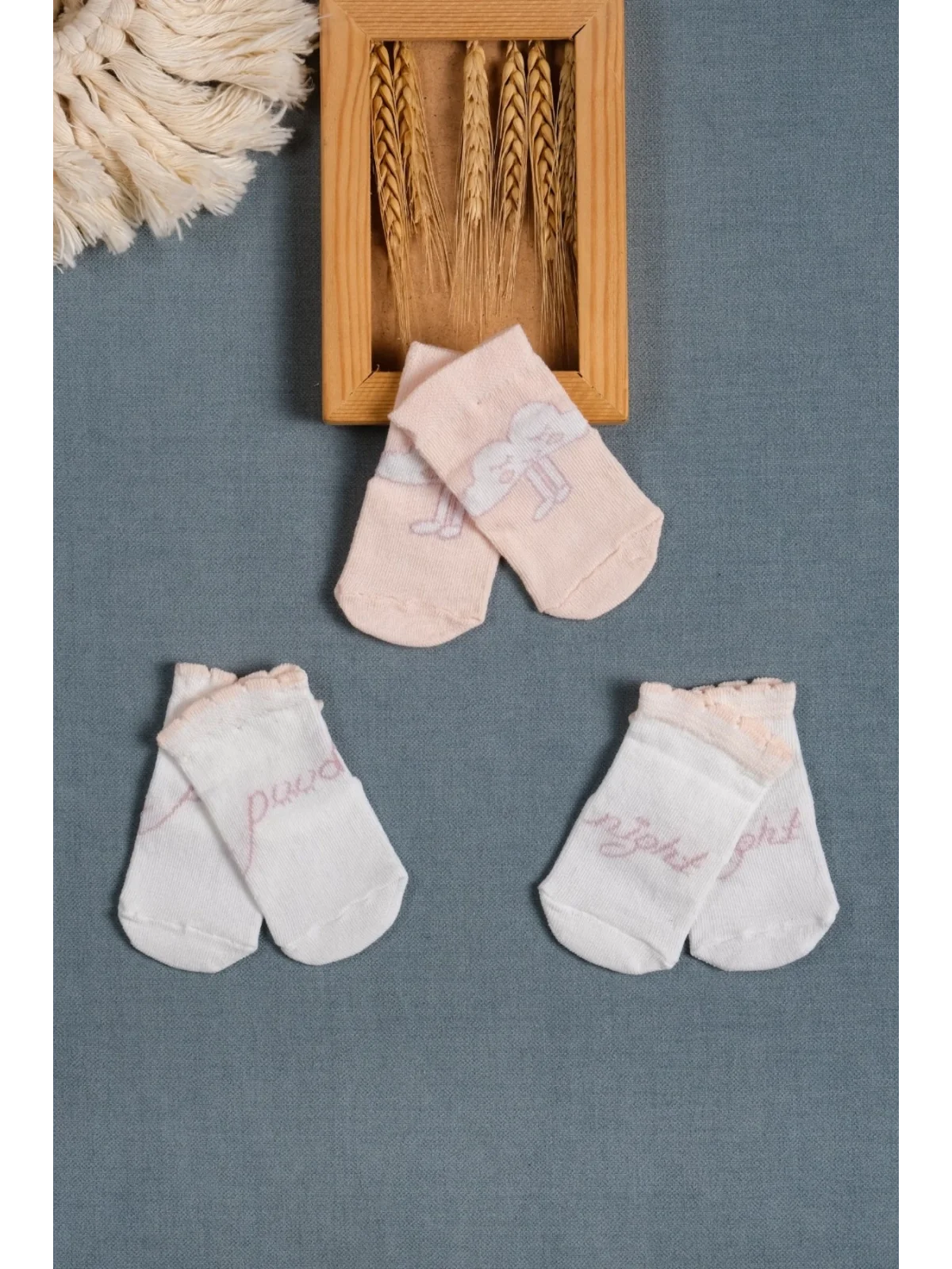 Cocole Socks Kız Bebek Soket Çorabı 3’lü Set – Pamuklu Somon İyi Geceler & Bulut Desenli