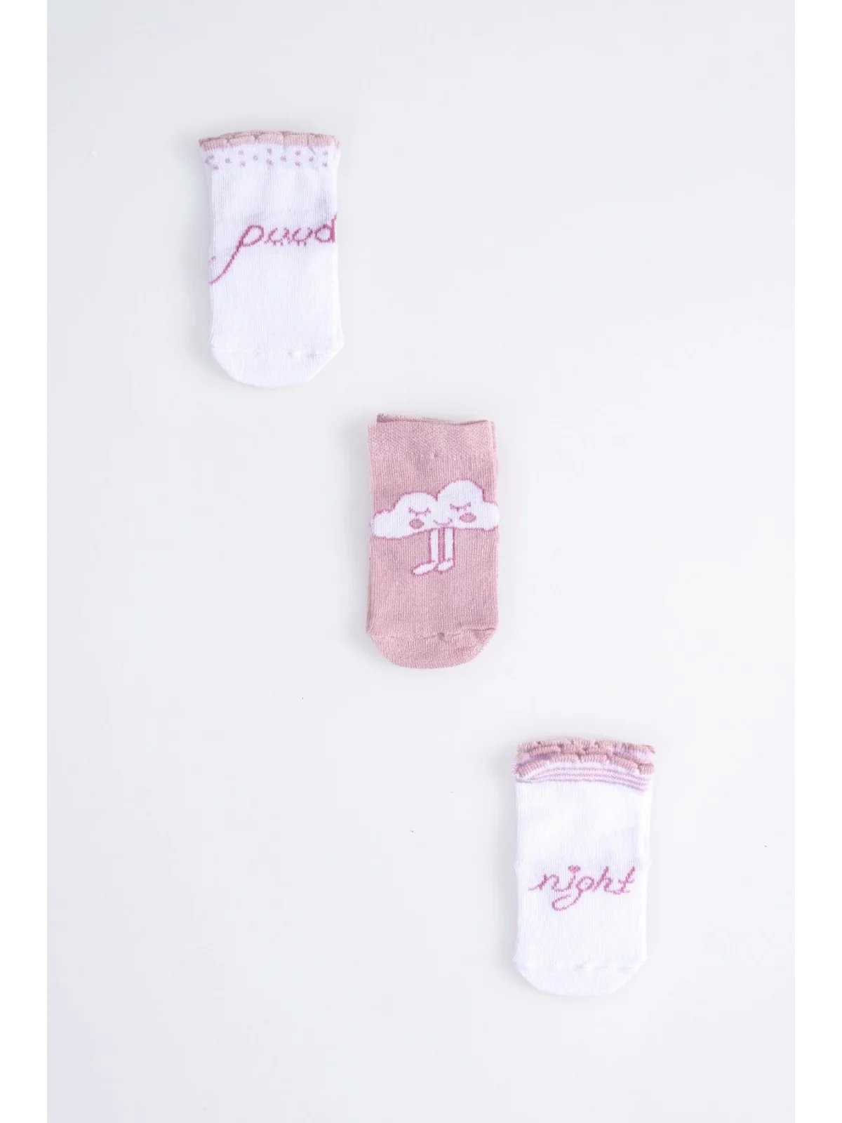 Cocole Socks Kız Bebek Soket Çorabı 3’lü Set – Pamuklu Gül Kurusu İyi Geceler & Bulut Desenli