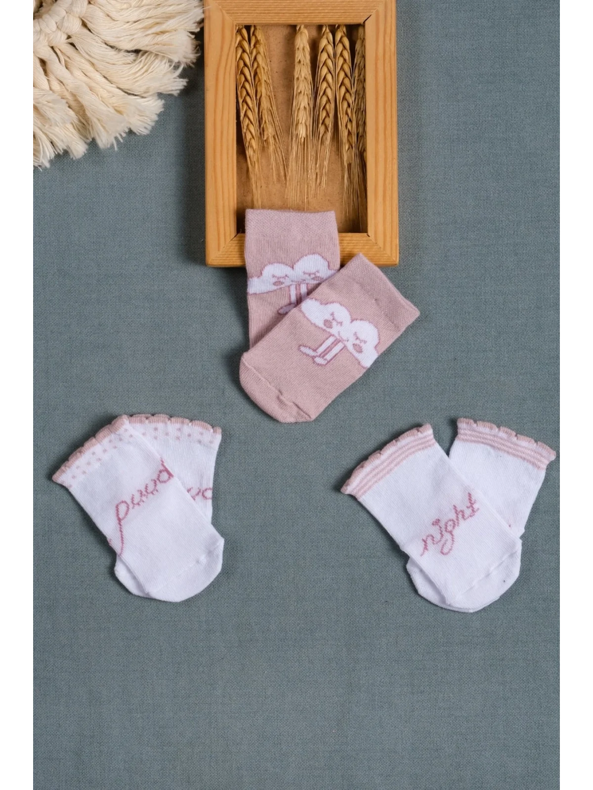 Cocole Socks Kız Bebek Soket Çorabı 3’lü Set – Pamuklu Gül Kurusu İyi Geceler & Bulut Desenli