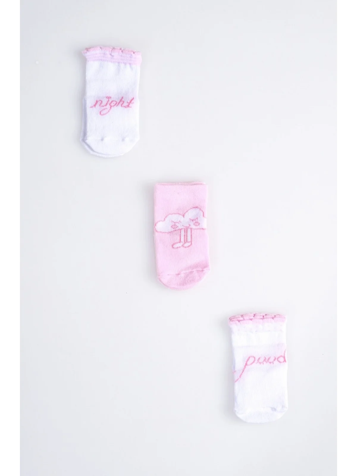 Cocole Socks Kız Bebek Soket Çorabı 3’lü Set – Pamuklu Pembe İyi Geceler & Bulut Desenli