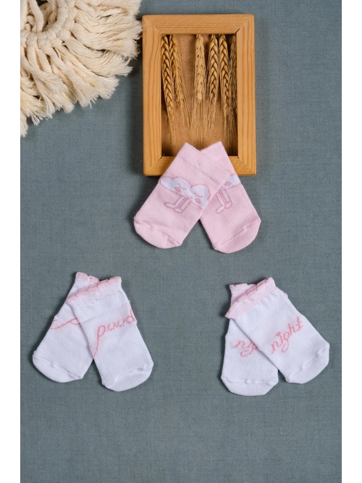 Cocole Socks Kız Bebek Soket Çorabı 3’lü Set – Pamuklu Pembe İyi Geceler & Bulut Desenli