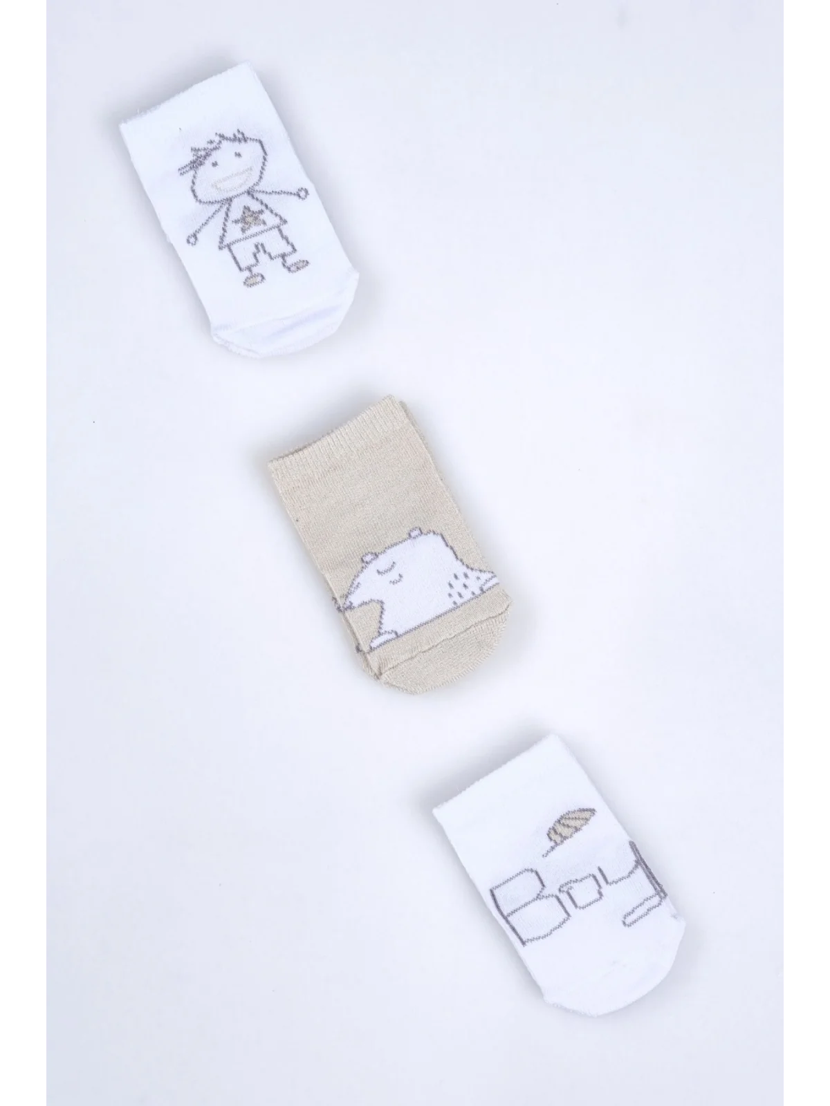 Cocole Socks Erkek Bebek Soket Çorabı 3’lü Set – Pamuklu Vizon Ayıcık & Çocuk Figür Desenli